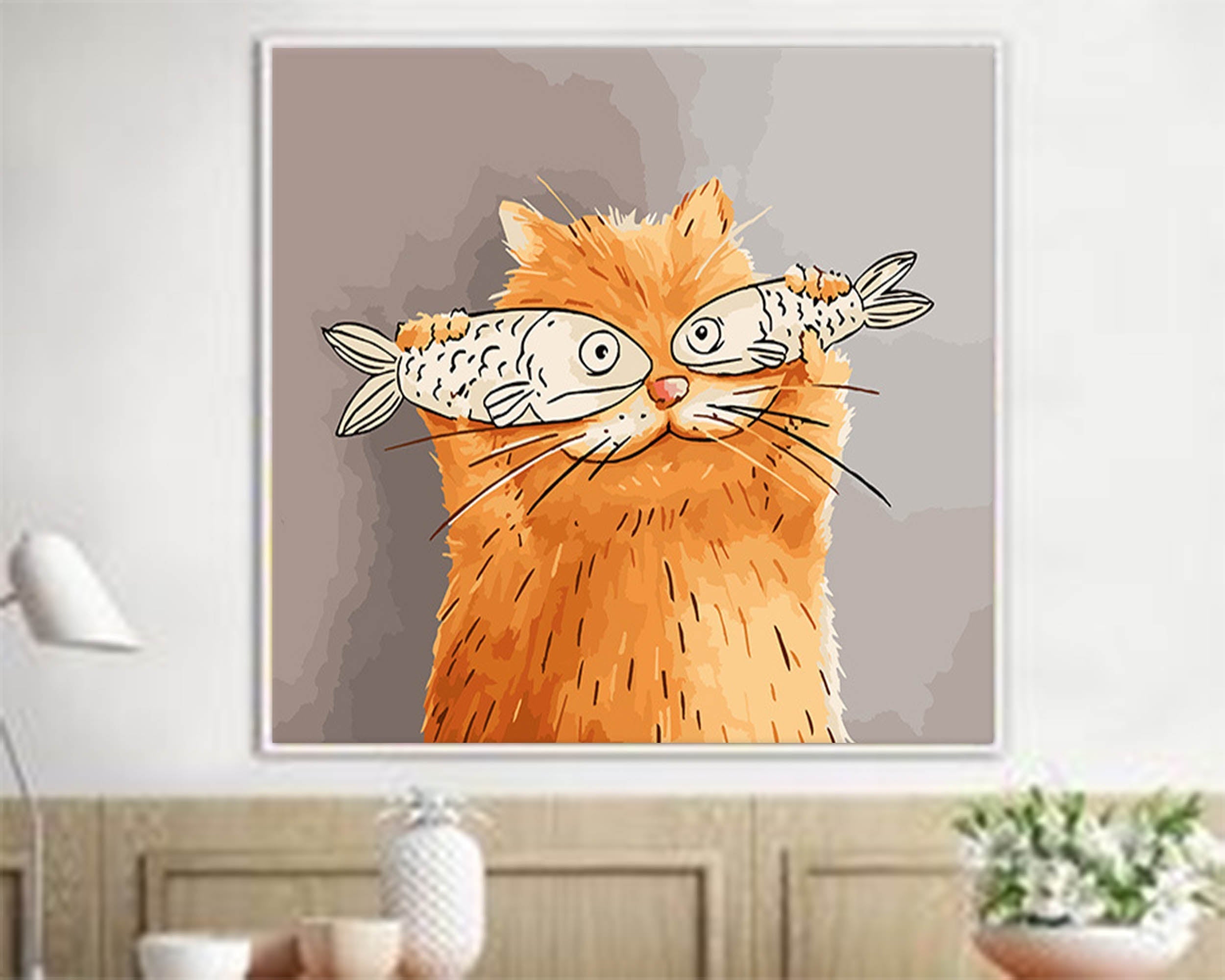 Whimsical Cat with Fish Art Print