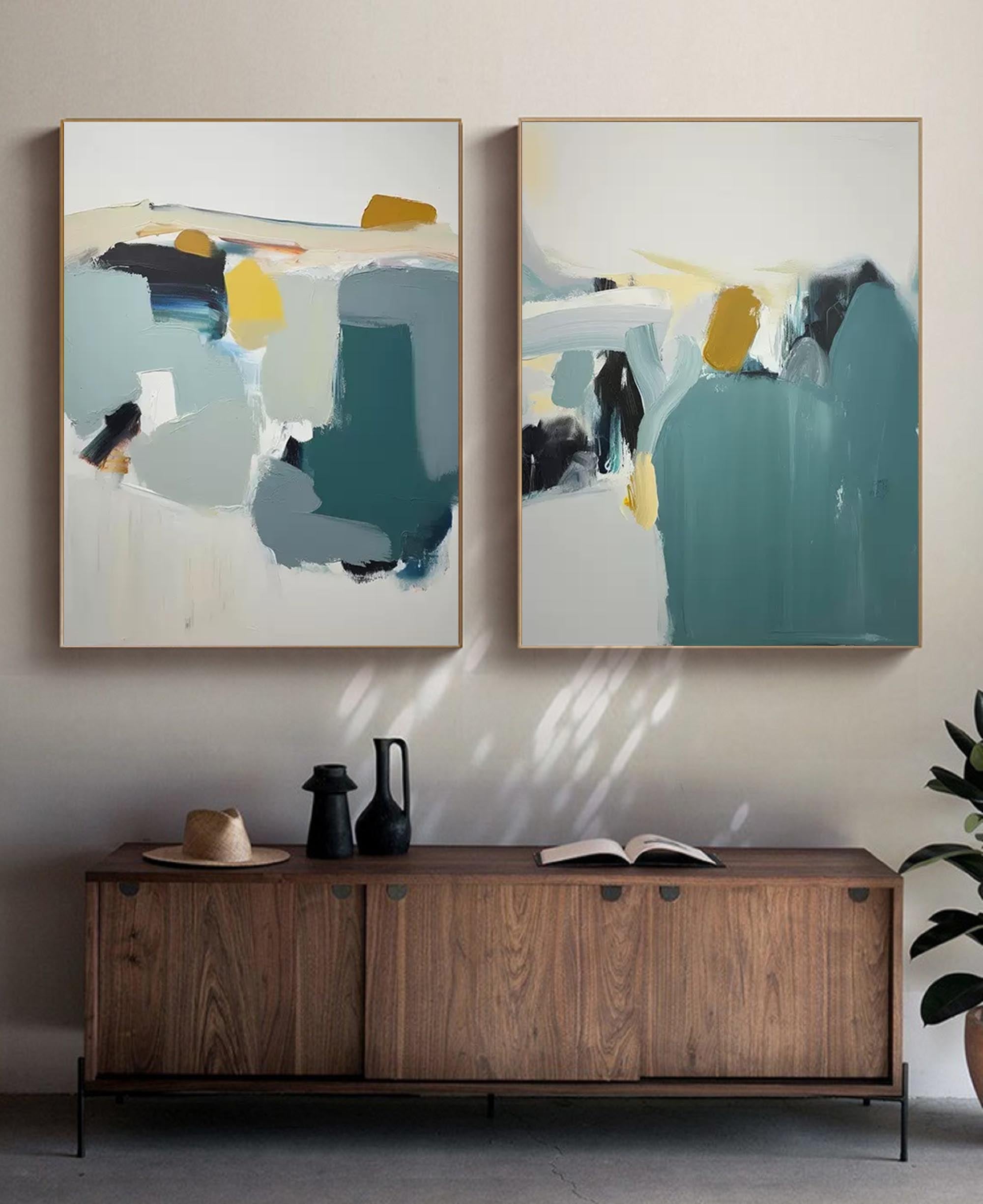 Abstract Diptych in Teal and Gold