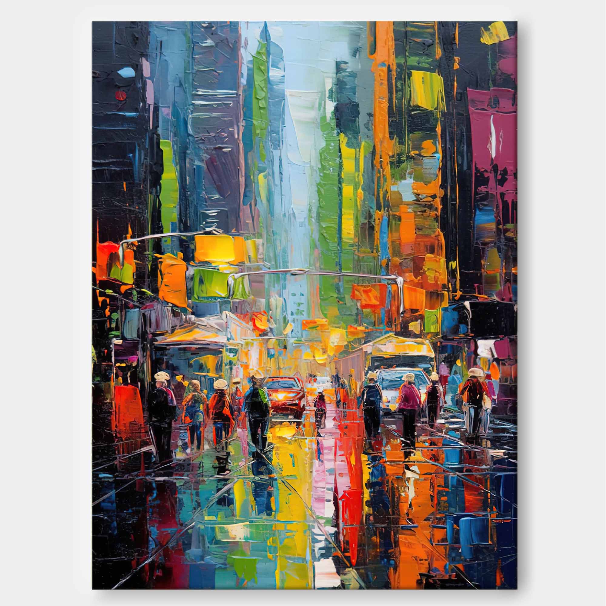 Rainy City Night Lights Oil Painting