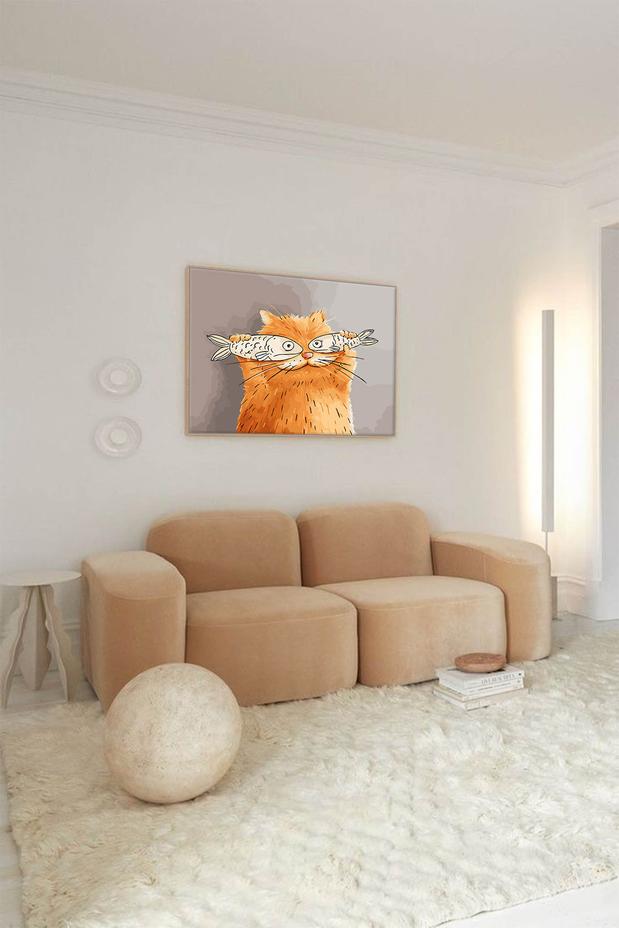 Whimsical Cat with Fish Art Print