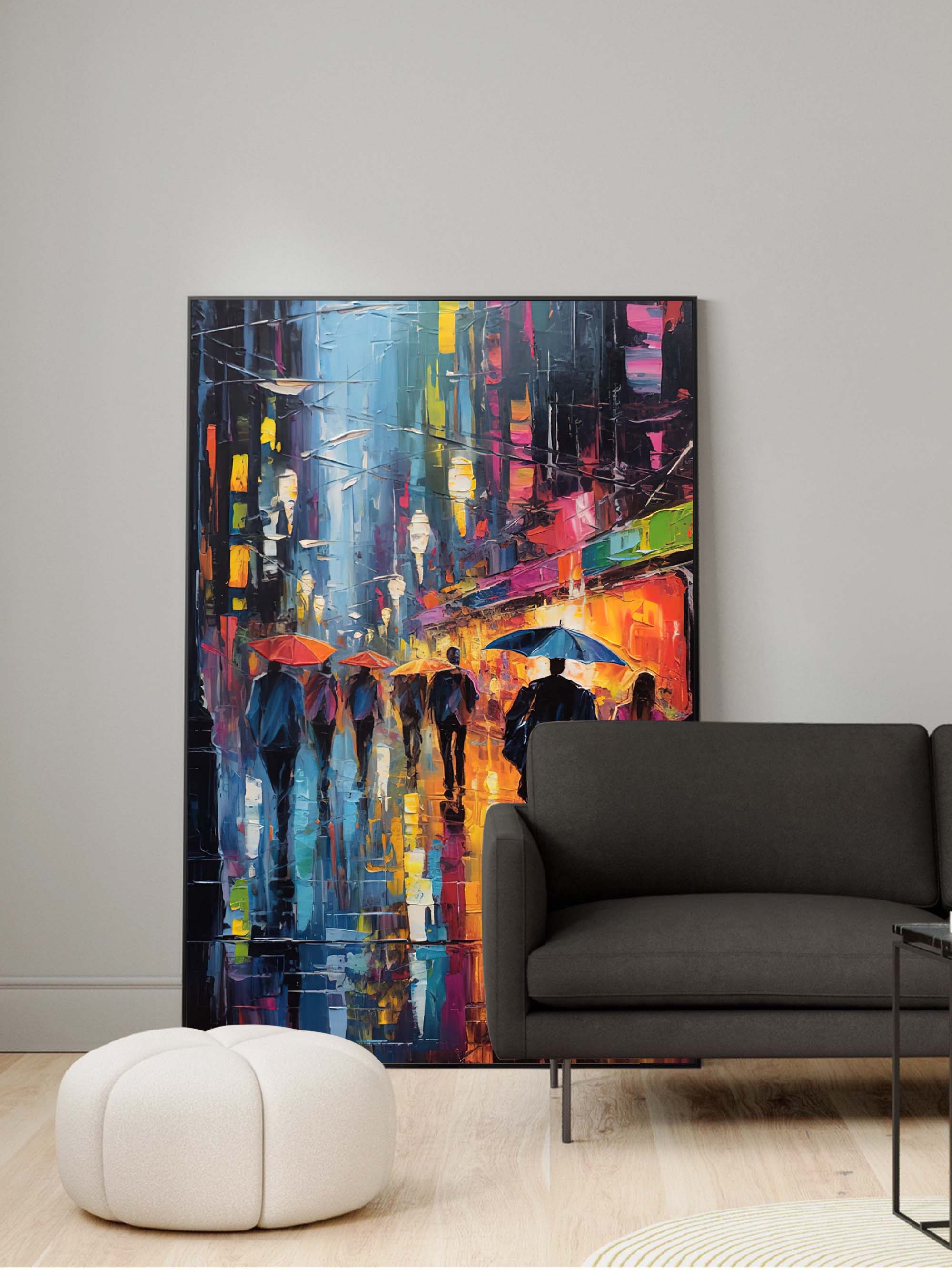 Rainy Night City Stroll Oil Painting