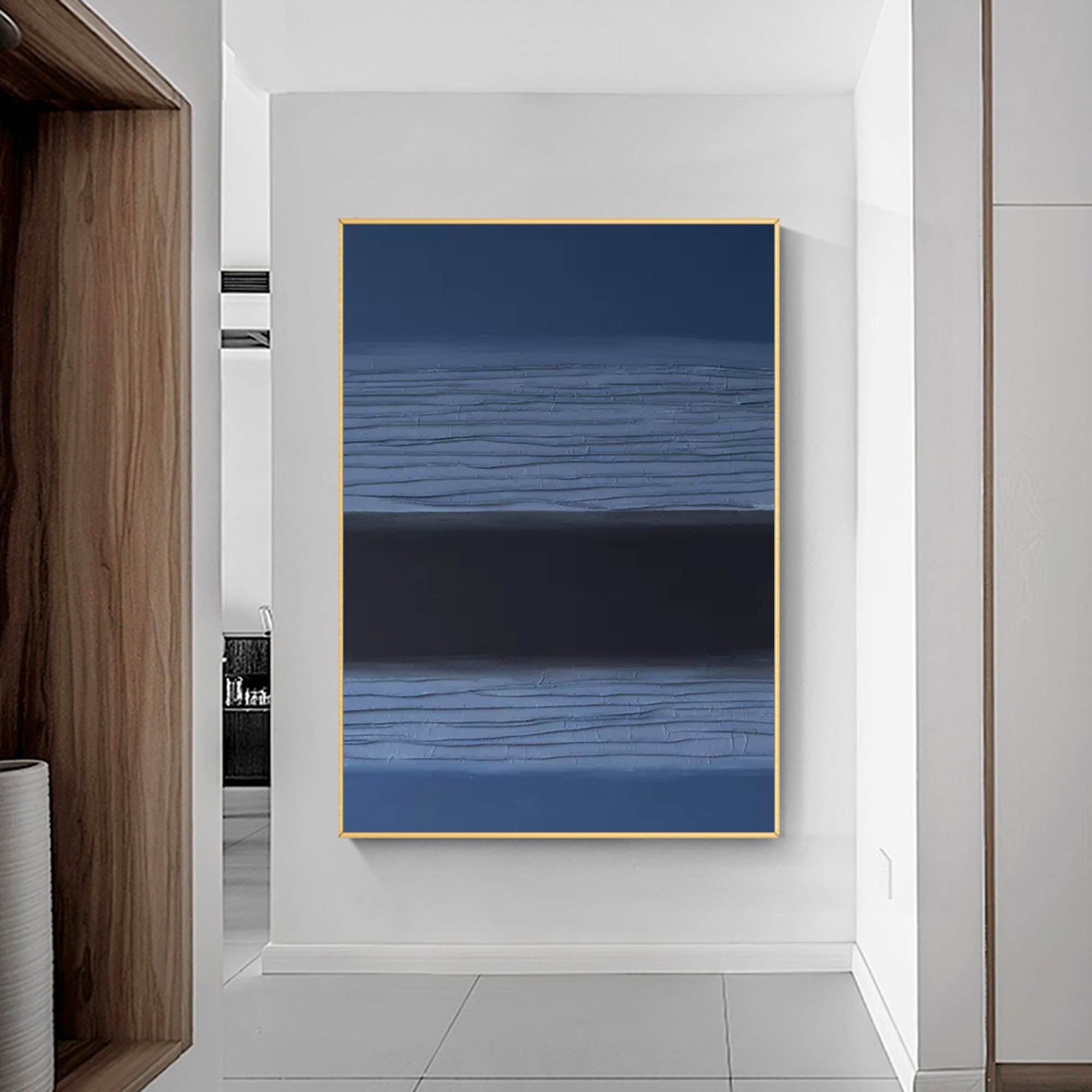 Modern Blue and Black Minimalist Oil Painting – Textured Abstract Art