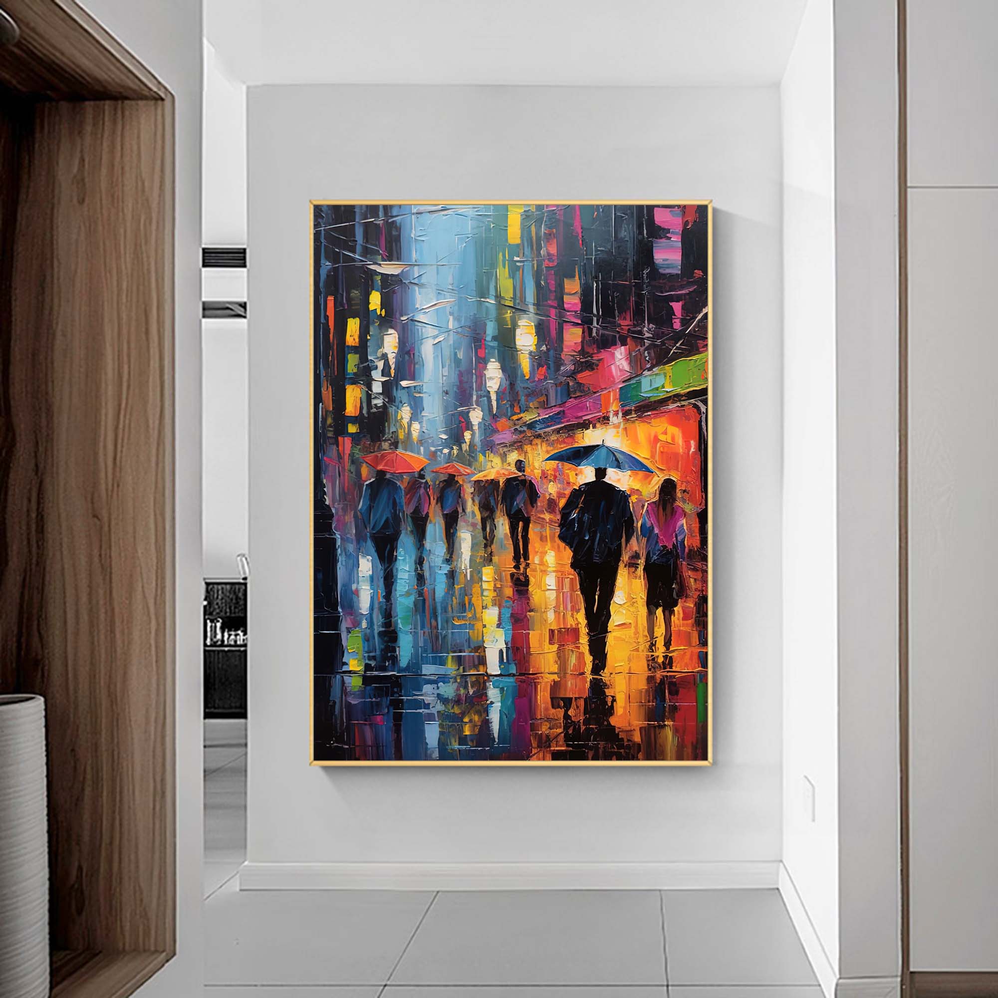 Rainy Night City Stroll Oil Painting