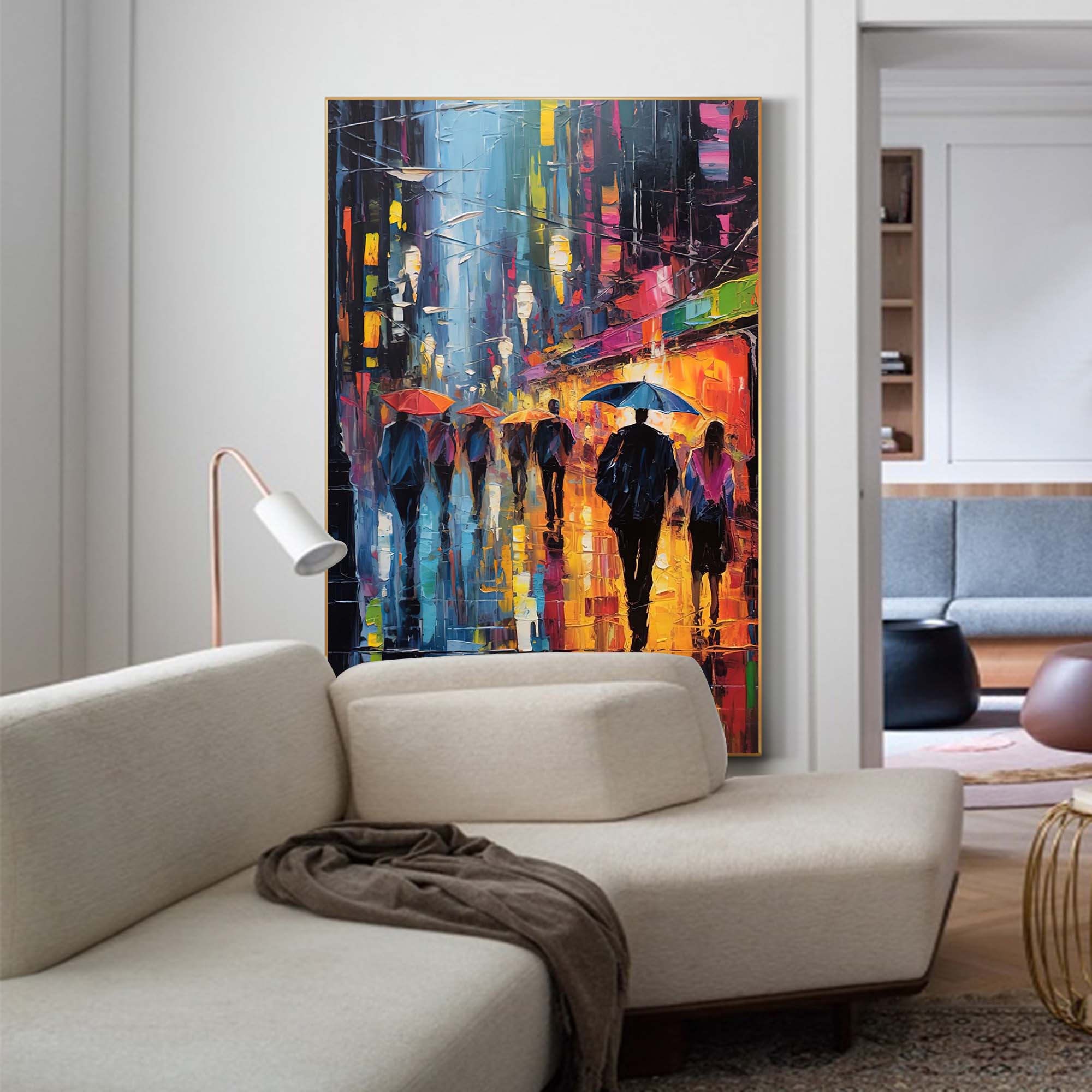 Rainy Night City Stroll Oil Painting