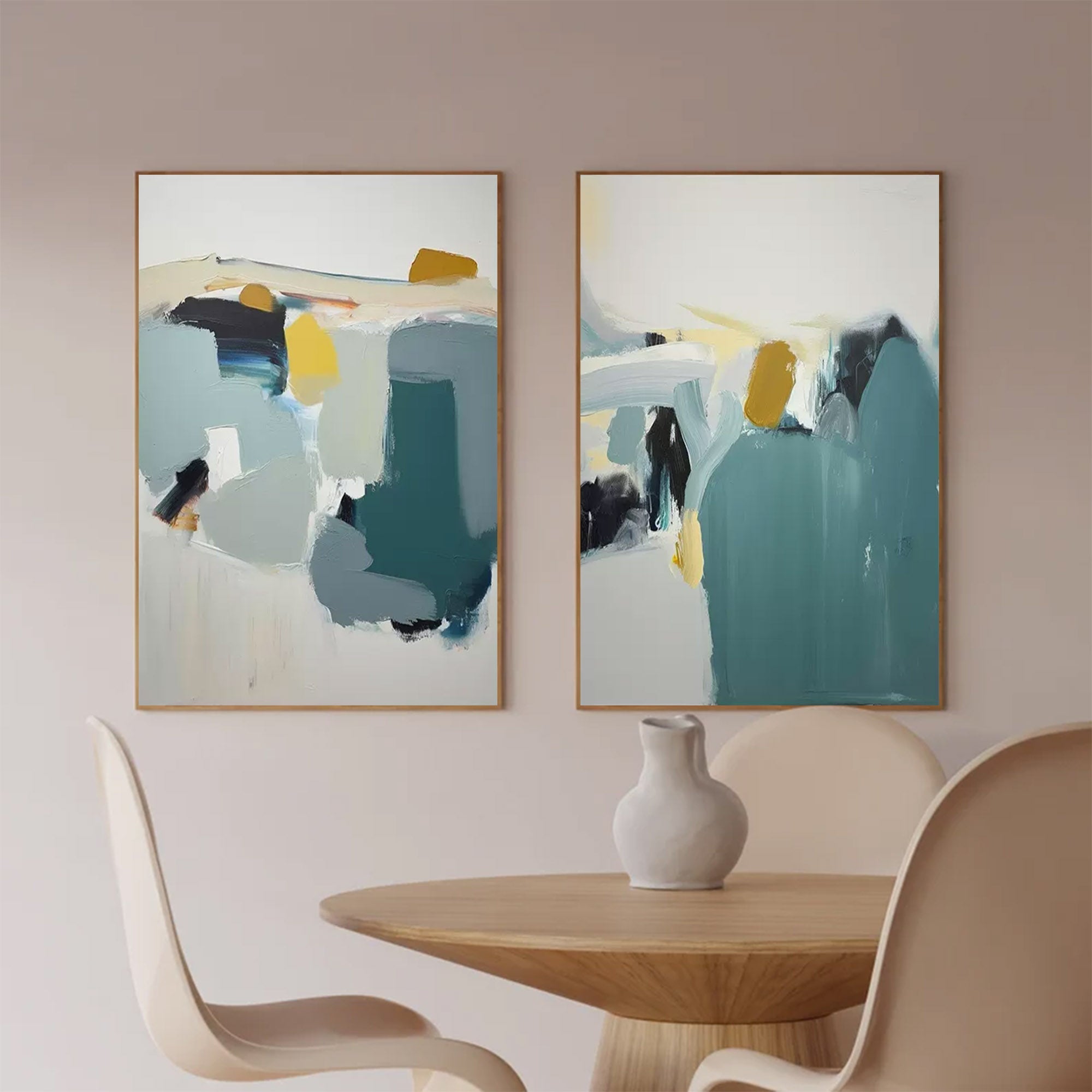 Abstract Diptych in Teal and Gold