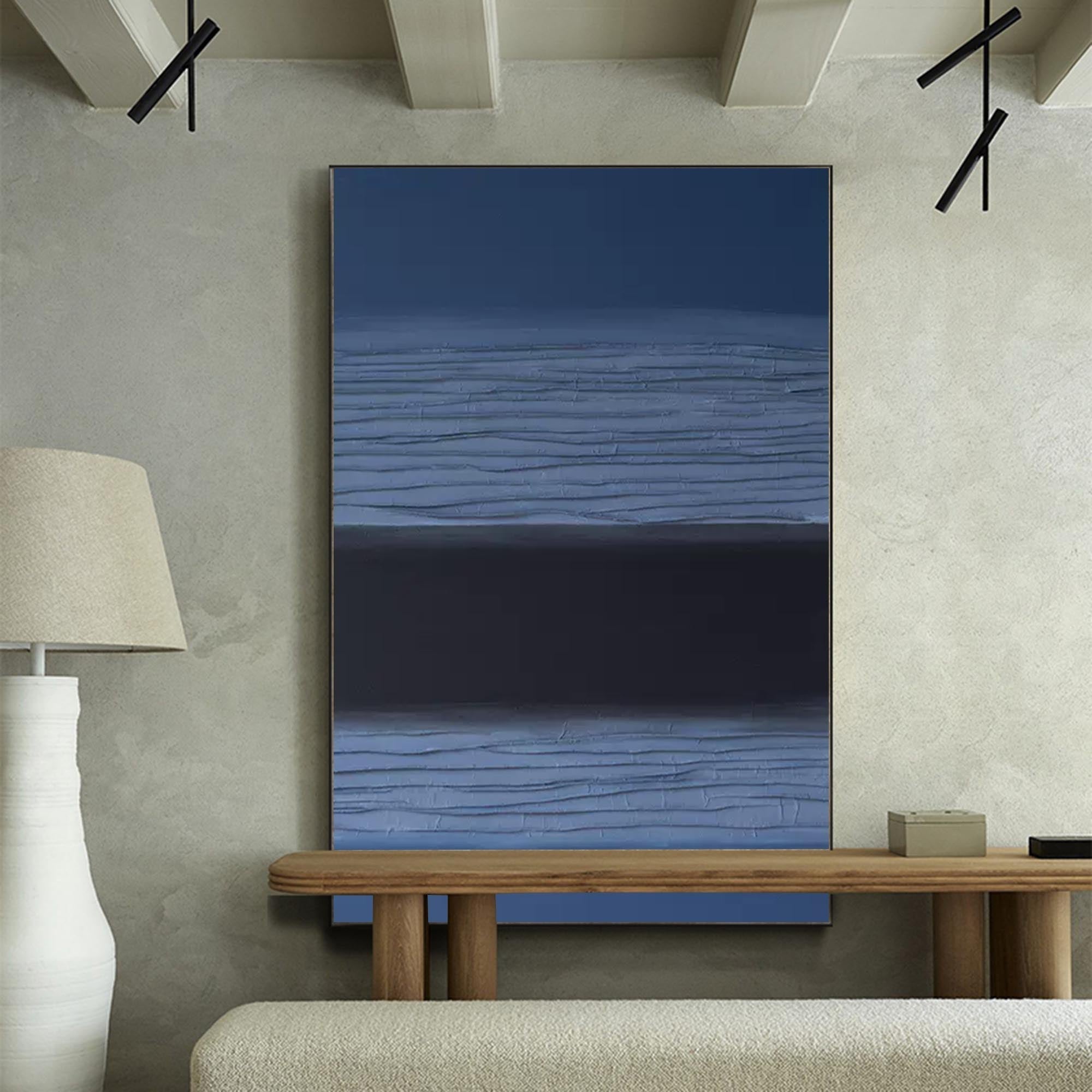 Modern Blue and Black Minimalist Oil Painting – Textured Abstract Art