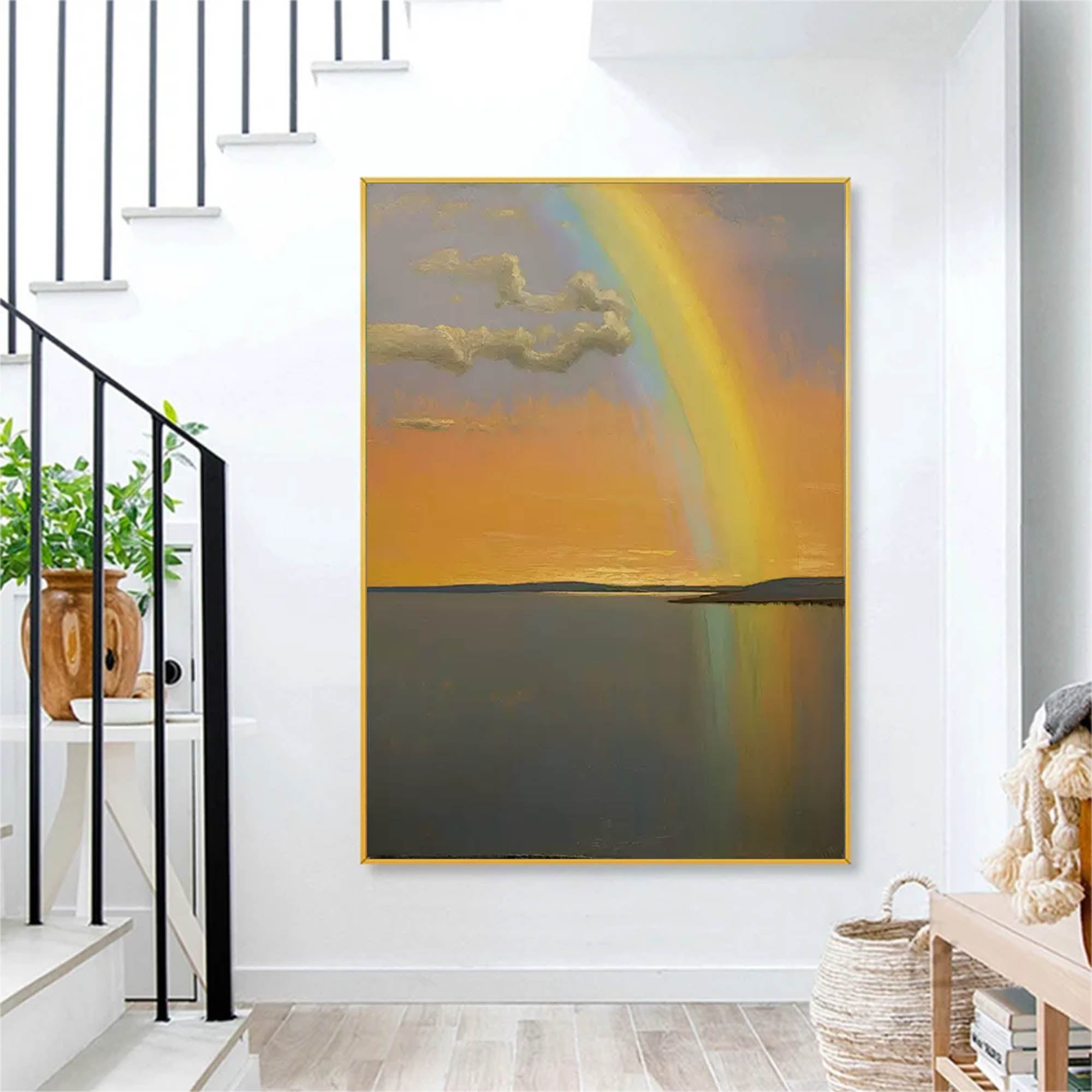 Sunset Rainbow over Tranquil Waters – Serene Landscape Painting