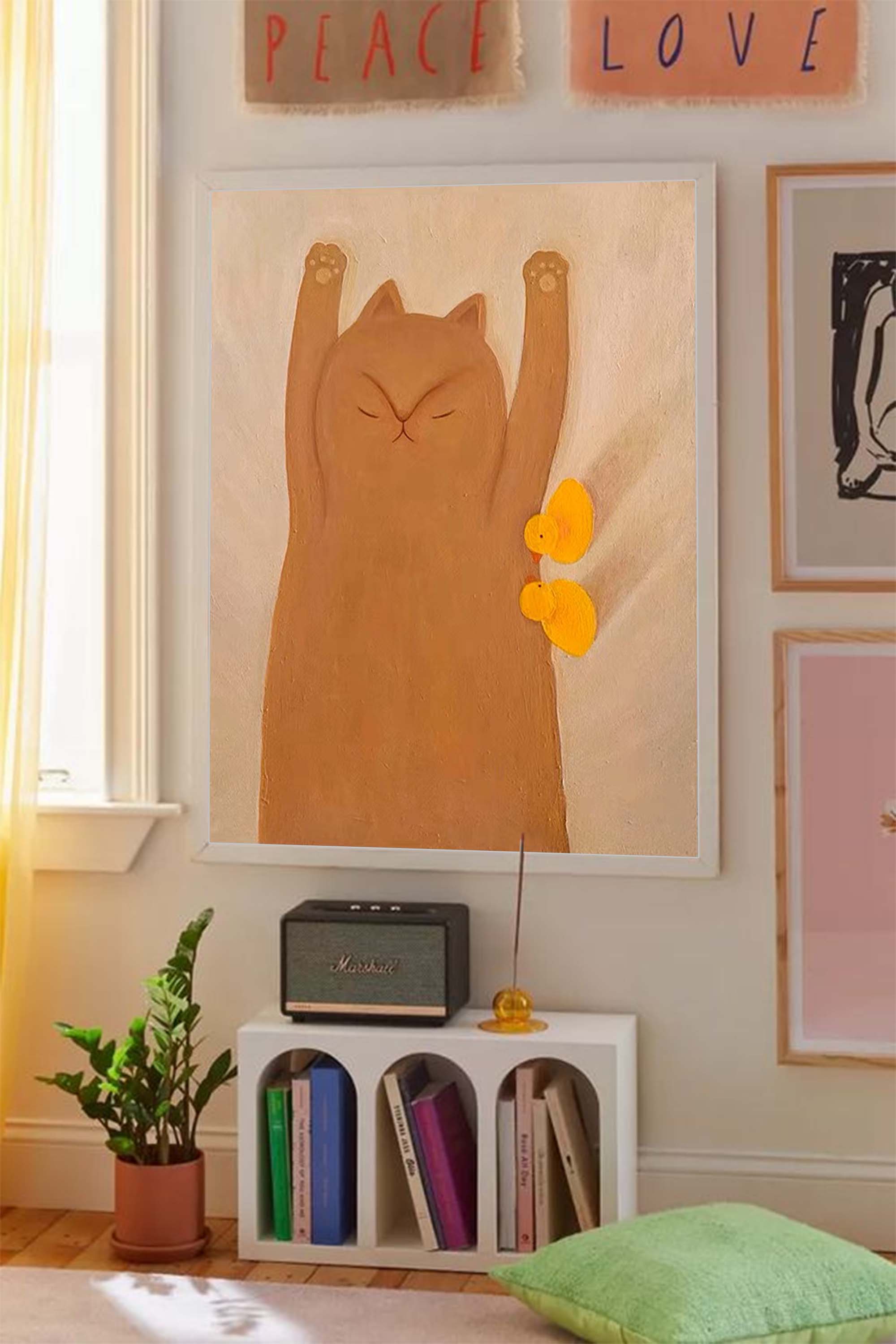 Adorable Cat and Ducks Minimalist Canvas Art
