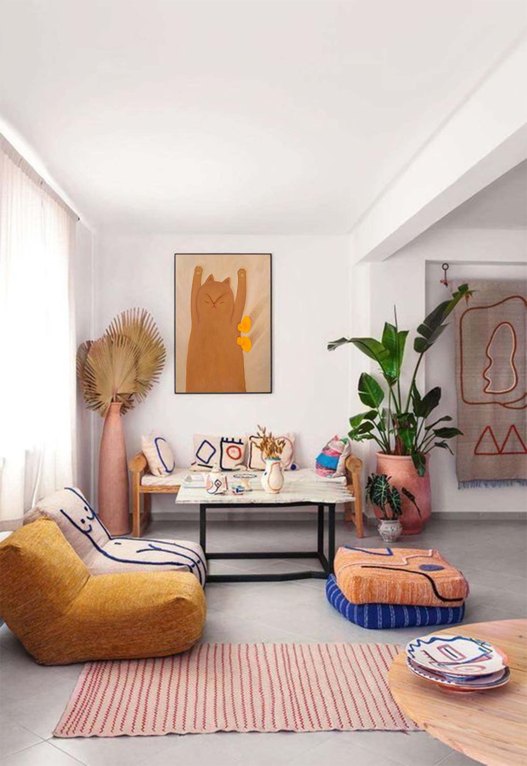 Adorable Cat and Ducks Minimalist Canvas Art