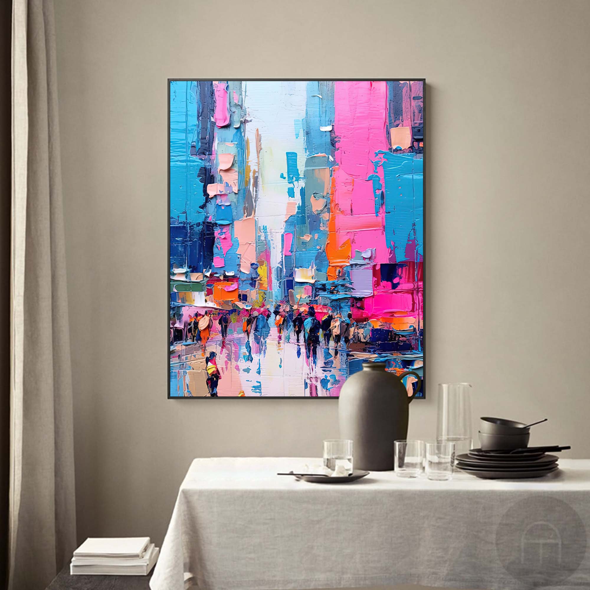 Vibrant City Life Oil Painting