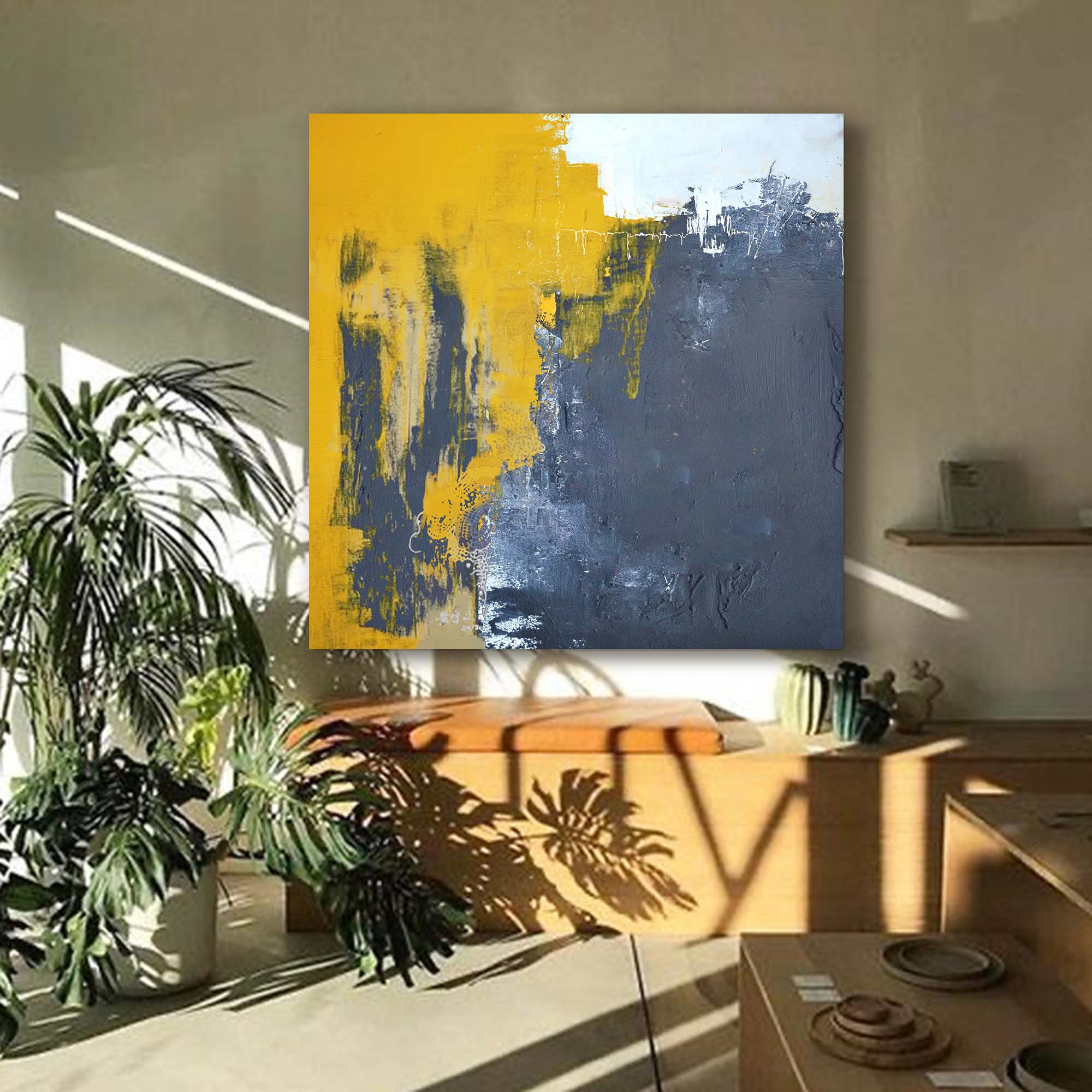 Modern Yellow and Grey Abstract Art