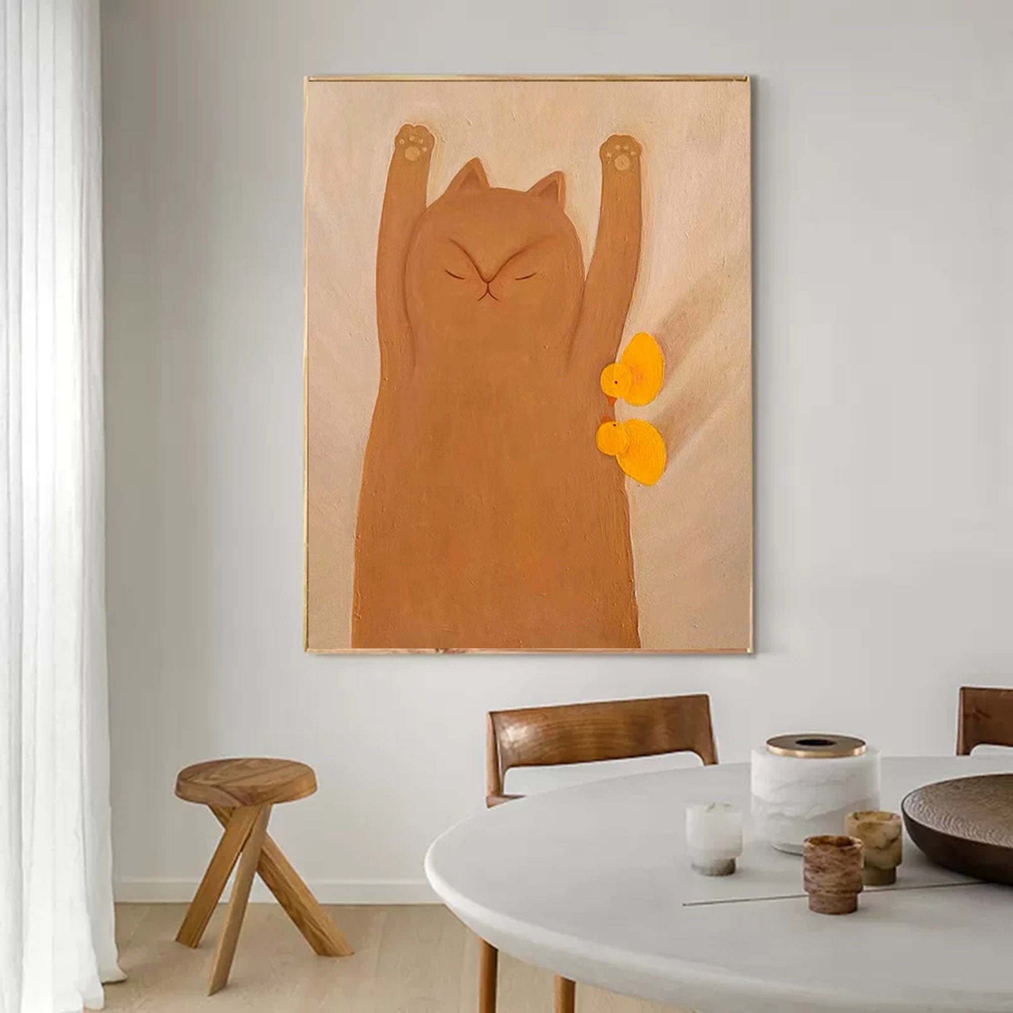 Adorable Cat and Ducks Minimalist Canvas Art