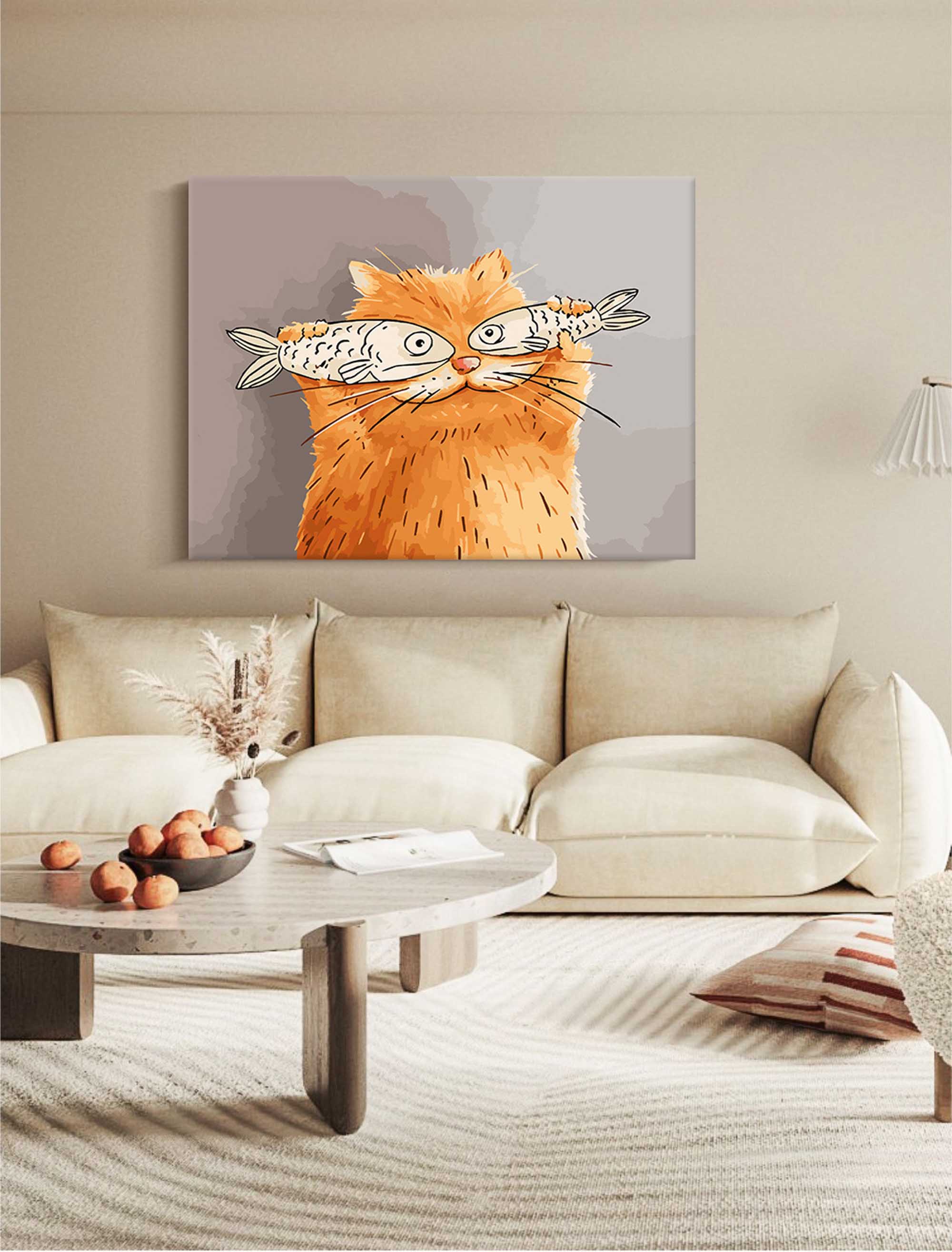 Whimsical Cat with Fish Art Print