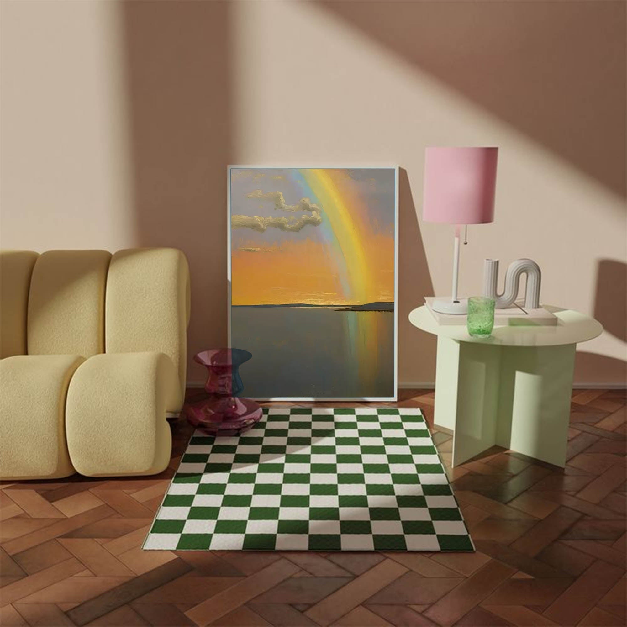 Sunset Rainbow over Tranquil Waters – Serene Landscape Painting