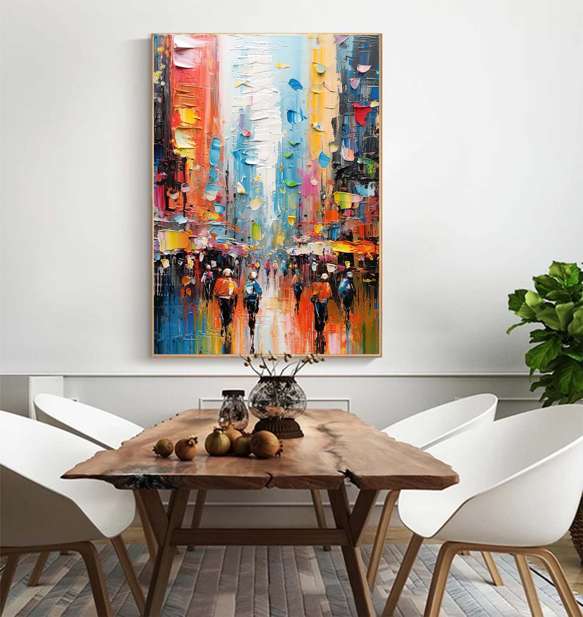 Abstract Vibrant City Rain Oil Painting
