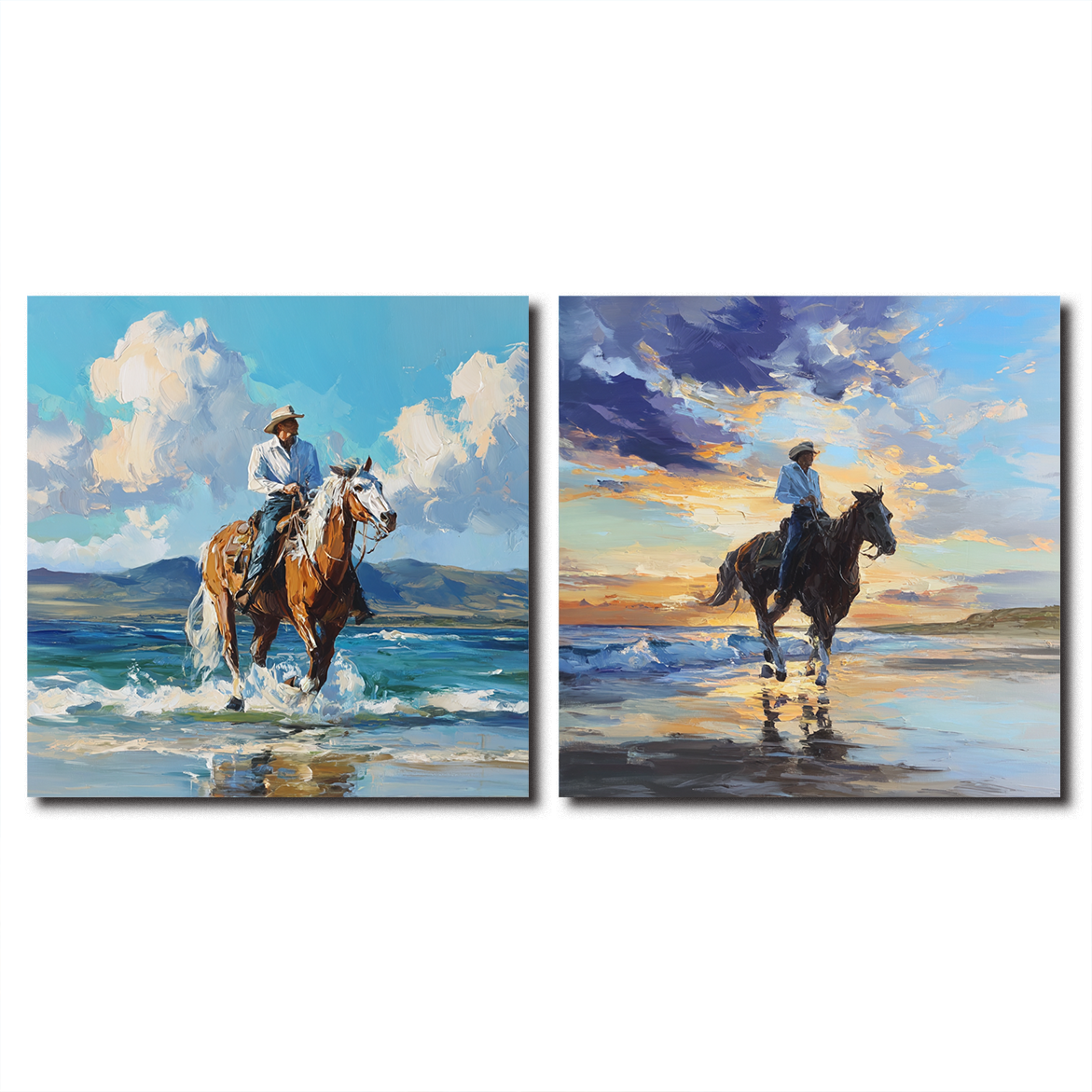 Cowboy Beach Horse Wall Art Set – Western Canvas Paintings for Home