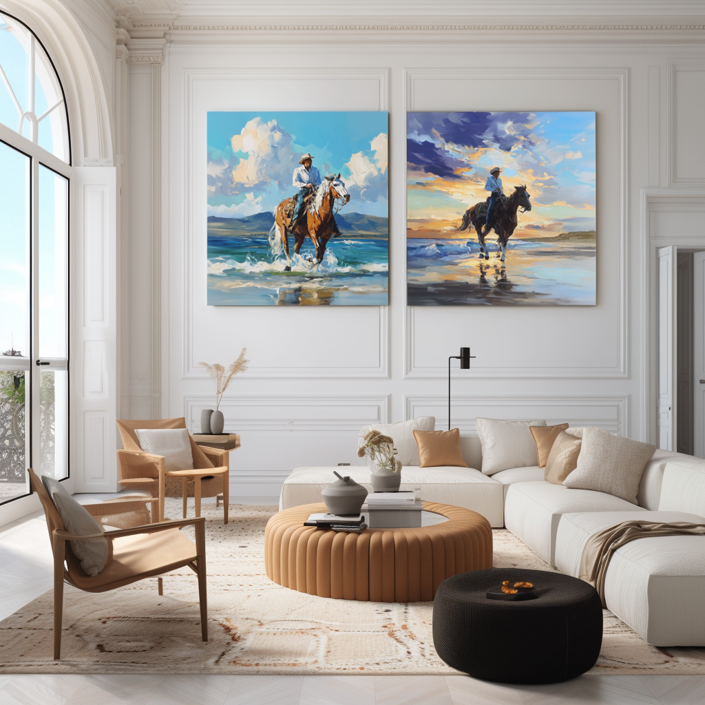 Cowboy Beach Horse Wall Art Set – Western Canvas Paintings for Home