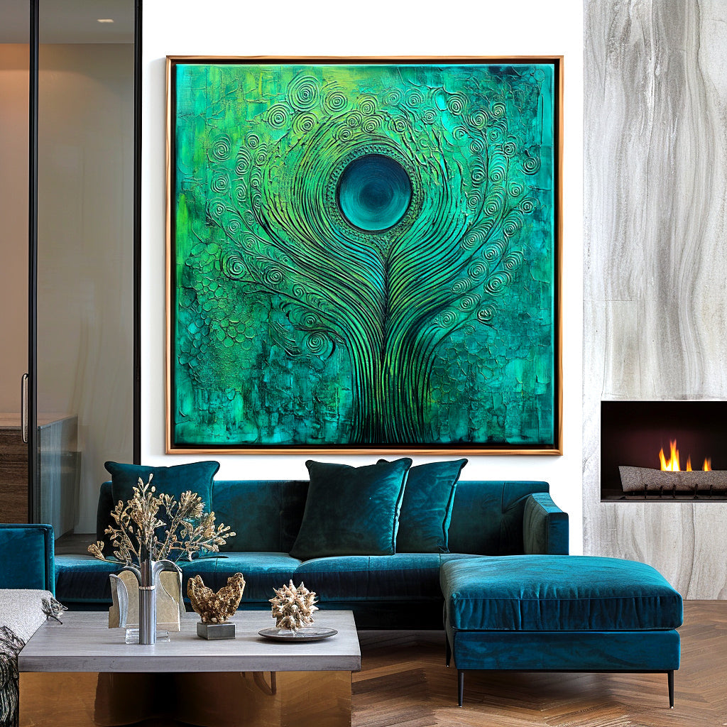 Emerald Pulse - Textured Blue and Green Abstract Feather Oil Painting
