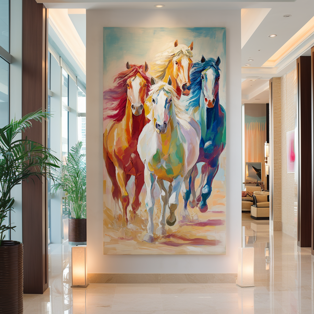 Vibrant Running Horses Oil Painting - Colorful Impressionist Animal Wall Art for Home Decor
