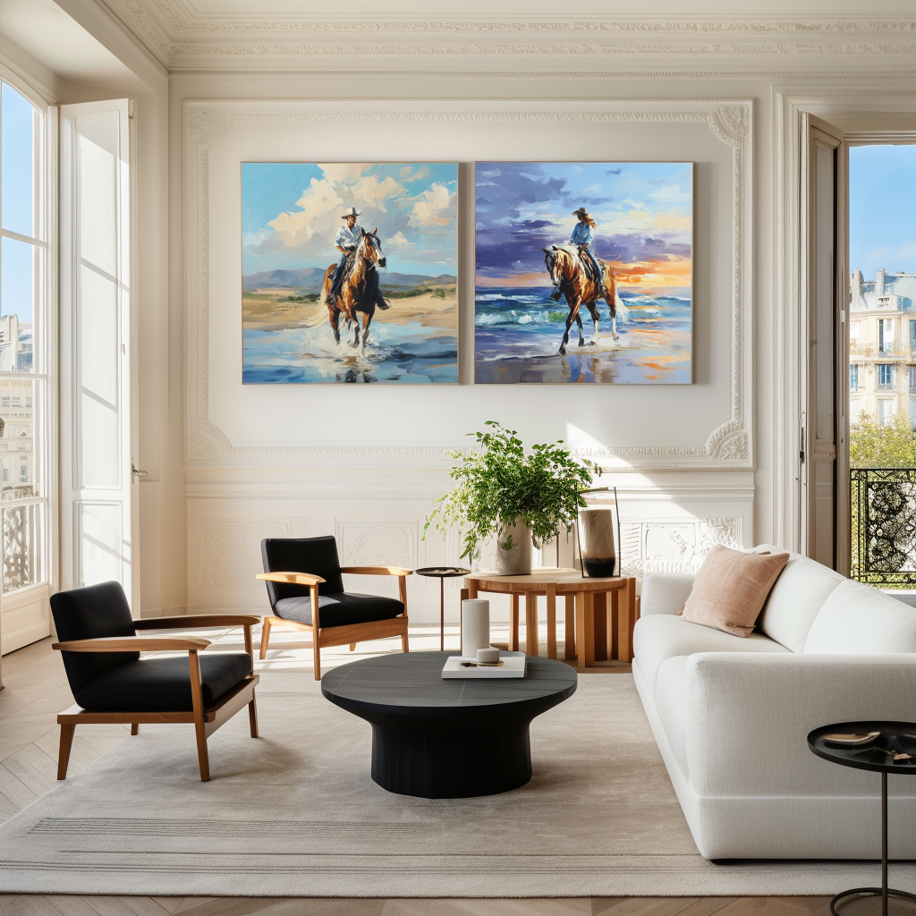 Western Beach Horse Riding Wall Art – Cowboy and Cowgirl Canvas Set