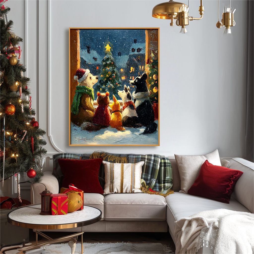 Christmas Companions – Cozy Animal Friends Textured Holiday Oil Painting