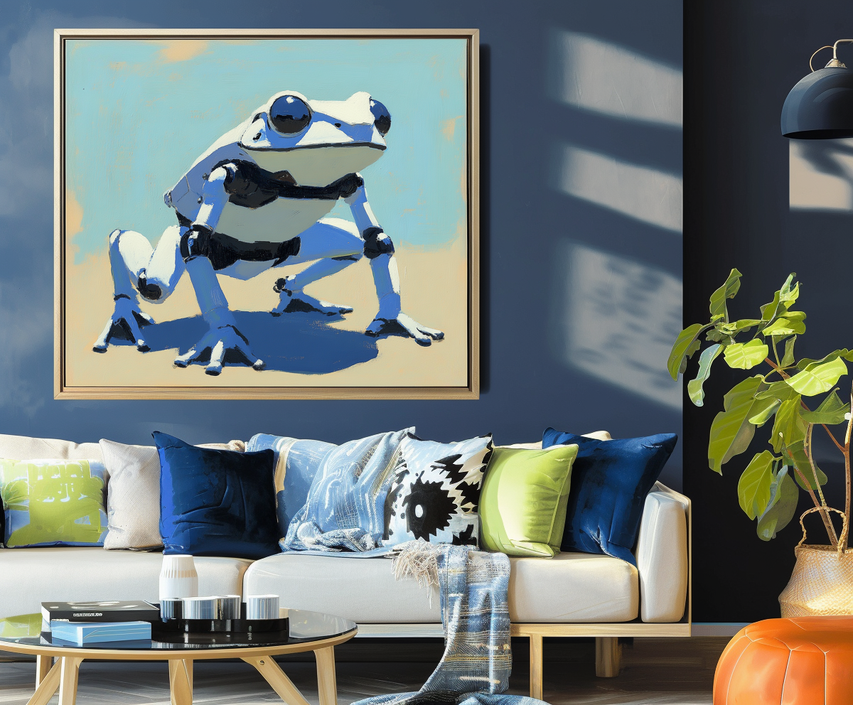 RoboFrog: Futuristic Art-Blue-White Robotic Frog Canvas Art - Contemporary Oil Painting, Unique Cyberpunk Wall Decor for Art Enthusiasts