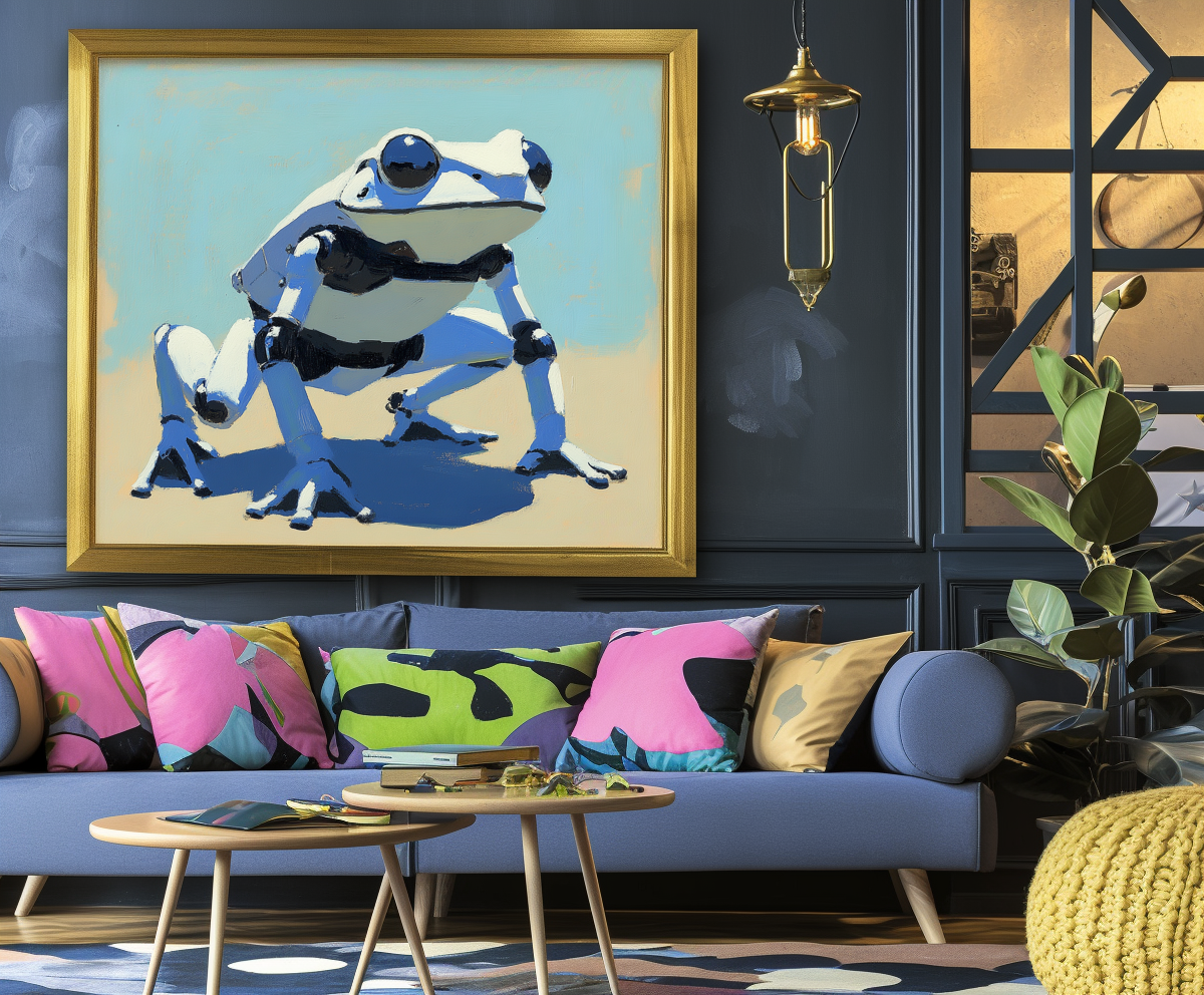 RoboFrog: Futuristic Art-Blue-White Robotic Frog Canvas Art - Contemporary Oil Painting, Unique Cyberpunk Wall Decor for Art Enthusiasts