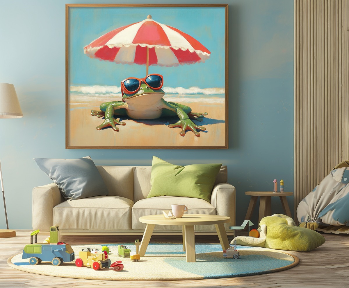 Chill Frog: Funny Frog on Beach with Sunglasses & Striped Umbrella - Whimsical Coastal Oil Painting, Playful Wall Art for Living Room & Beach-Themed Spaces