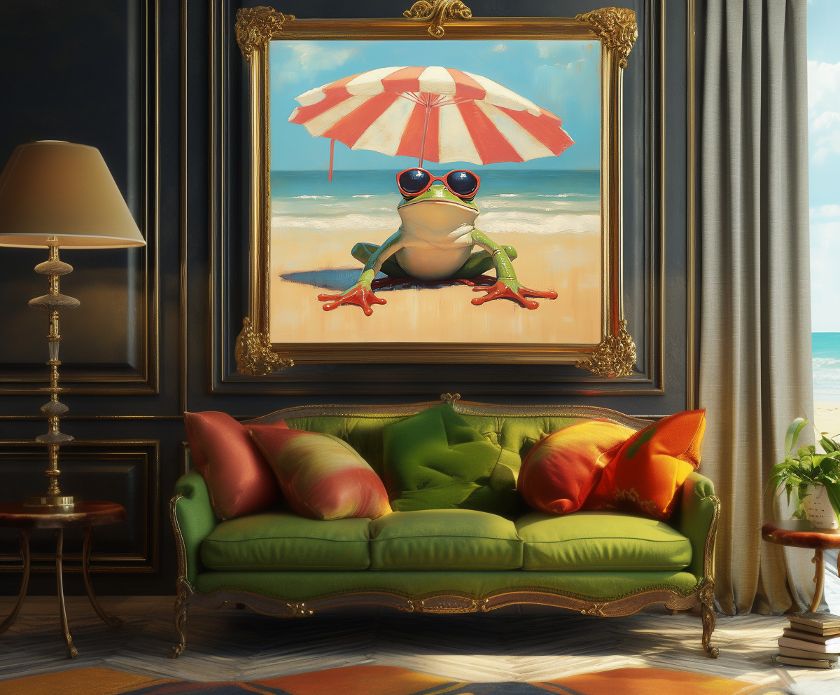 Chill Frog: Funny Frog on Beach with Sunglasses & Umbrella - Whimsical Oil Painting, Coastal Wall Art for Living Room & Kids’ Space
