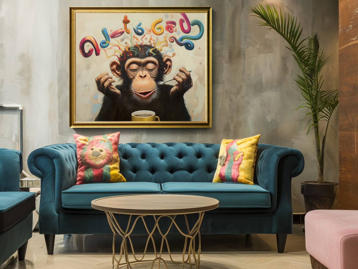 Caffeine Muse : Whimsical Monkey Drinking Coffee with Colorful Abstract Letters - Playful Oil Painting, Unique Wall Decor for Modern Living Spaces