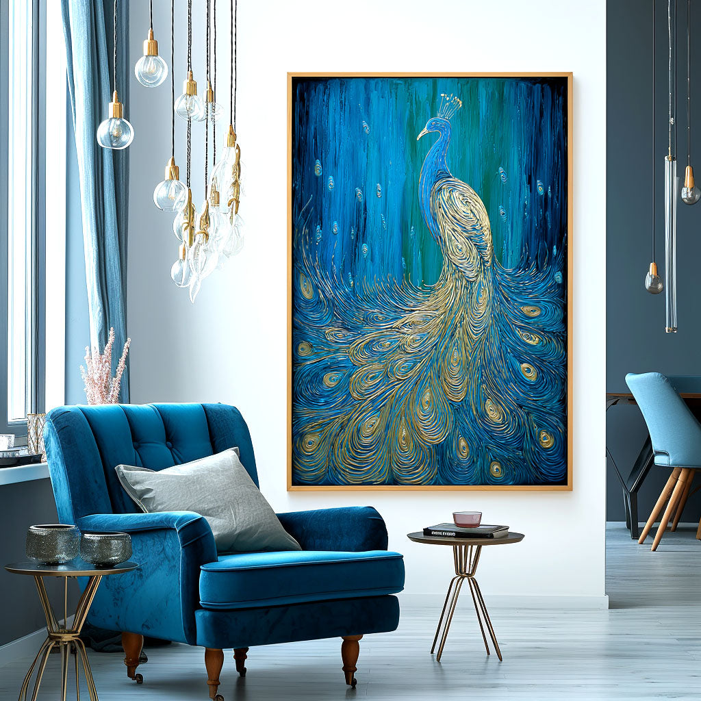 Celestial Grace - Textured Blue and Gold Peacock Oil Painting
