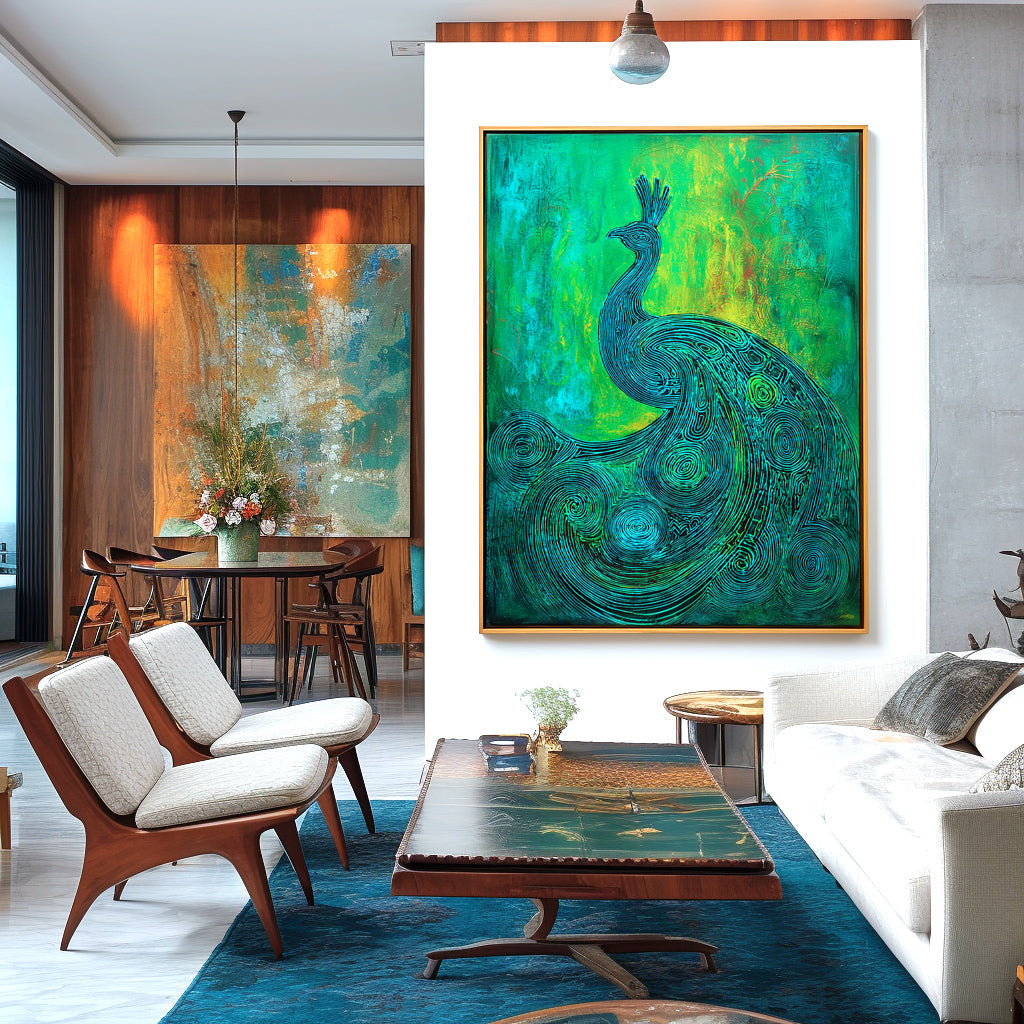 Emerald Poise - Textured Green and Blue Peacock Oil Painting