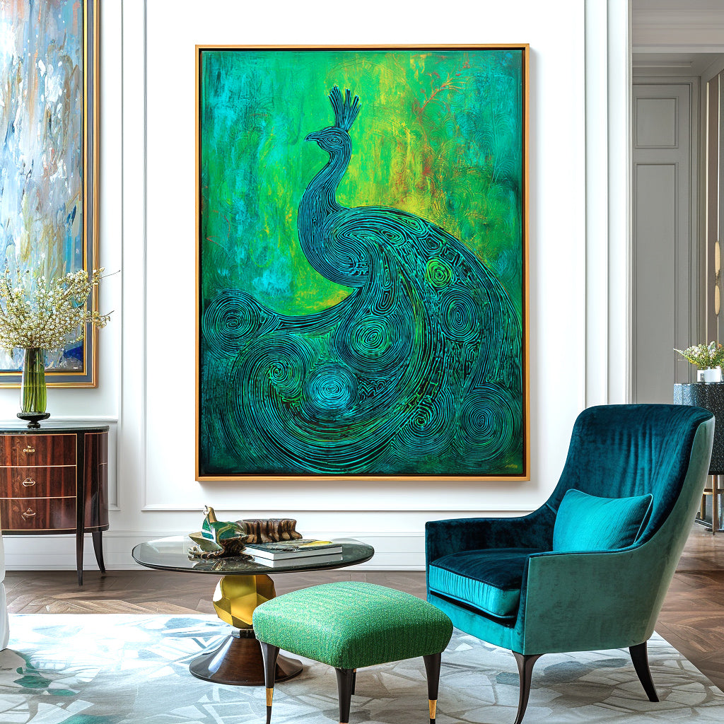 Emerald Poise - Textured Green and Blue Peacock Oil Painting