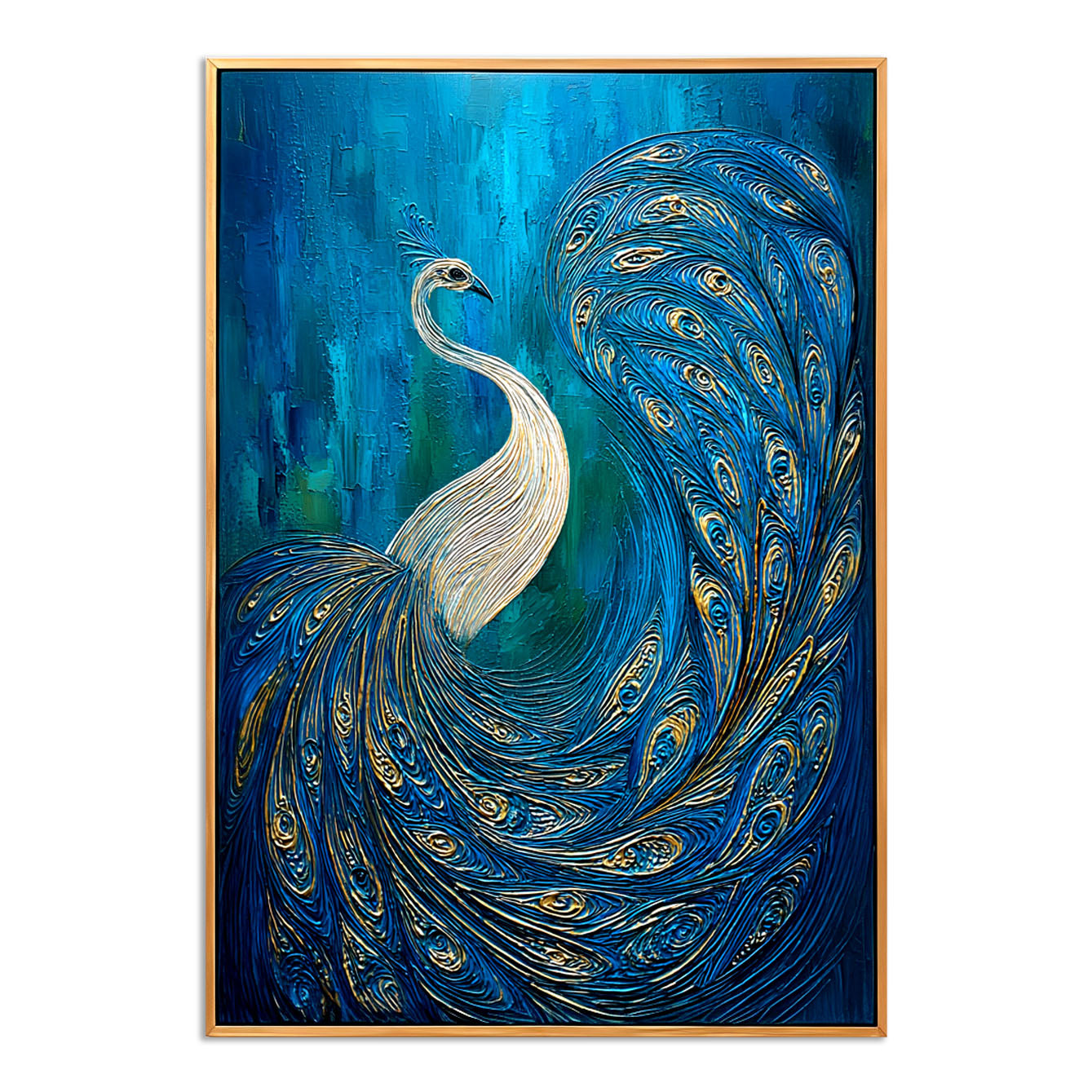 Luminous Tail - Textured Blue and Gold Peacock Oil Painting