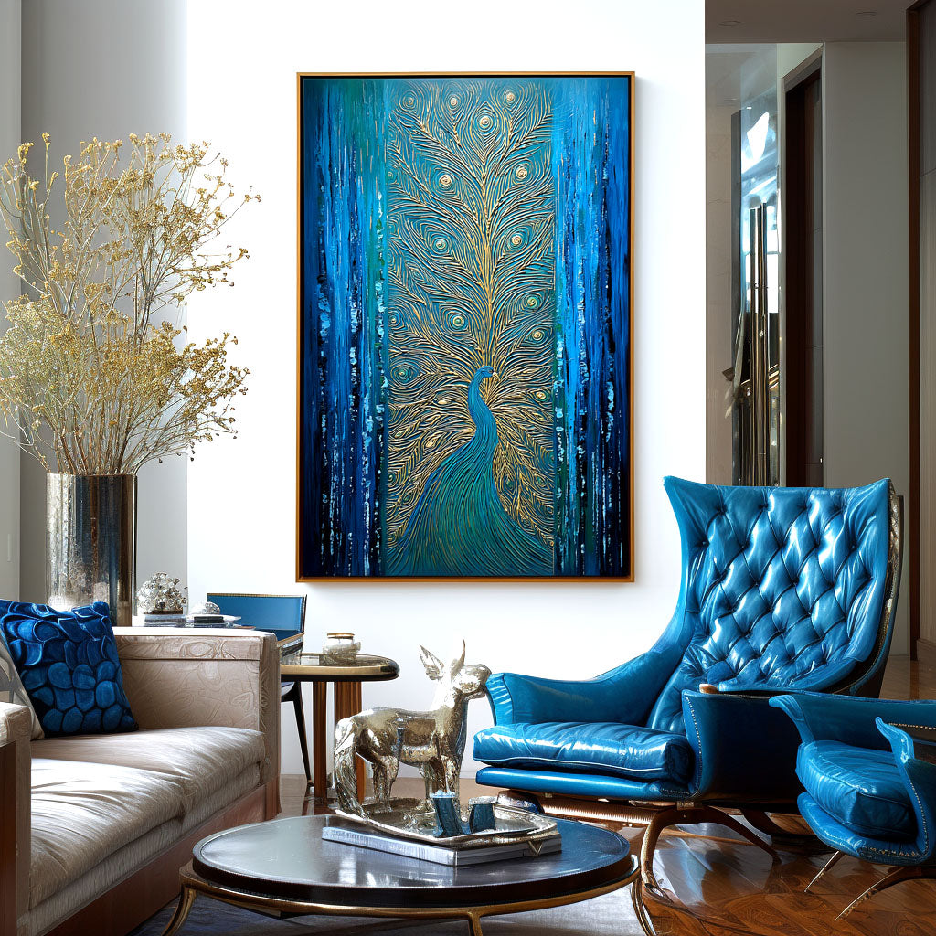 Majestic Gleam - Textured Blue and Gold Peacock Oil Painting