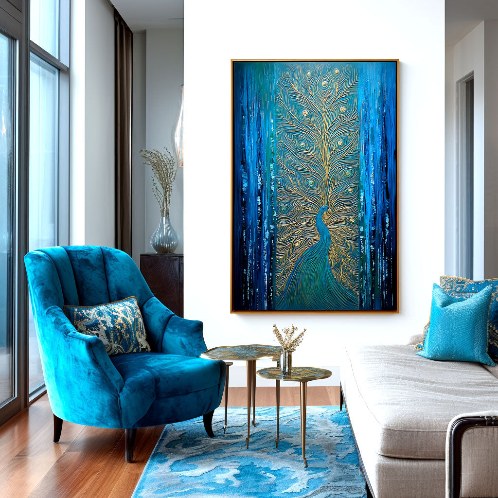 Majestic Gleam - Textured Blue and Gold Peacock Oil Painting