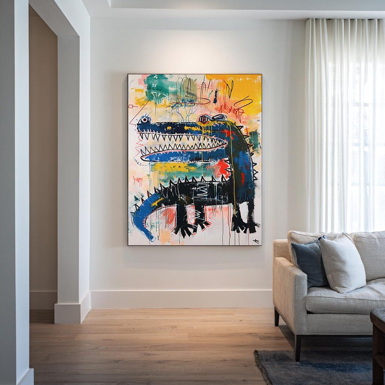 Urban Rex – Vibrant Graffiti Art Crocodile Wall Decor, Street Art Style Abstract Painting for Home Decoration