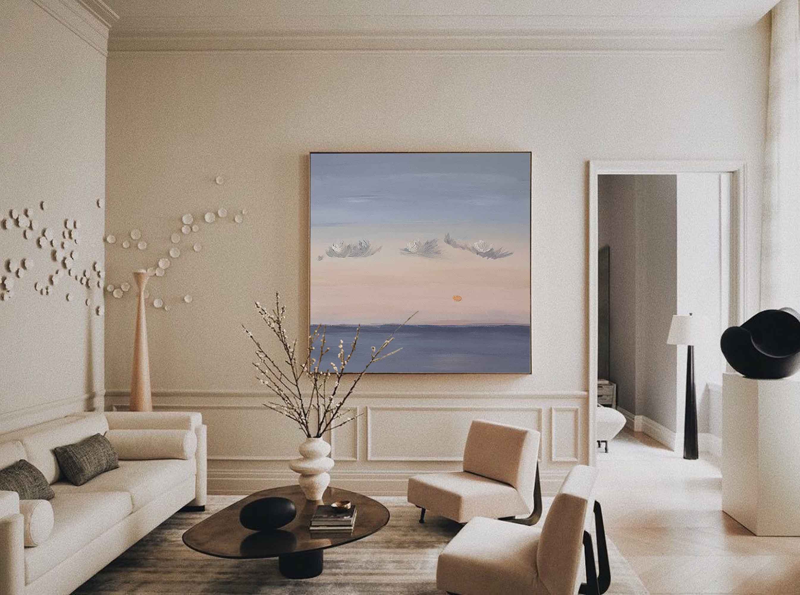 Calm Horizon Sunset Painting – Dreamy Sky and Sea Wall Art