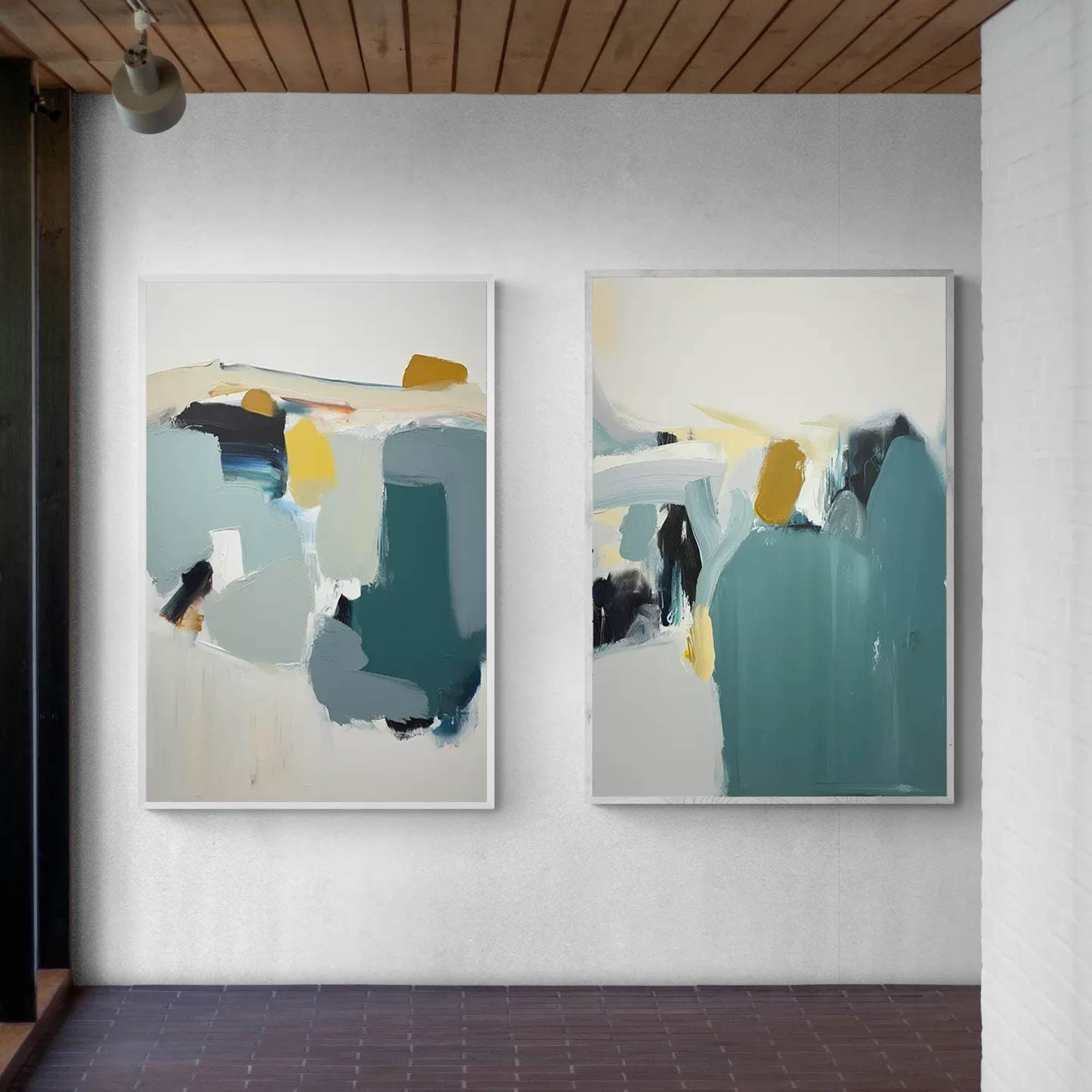 Abstract Diptych in Teal and Gold