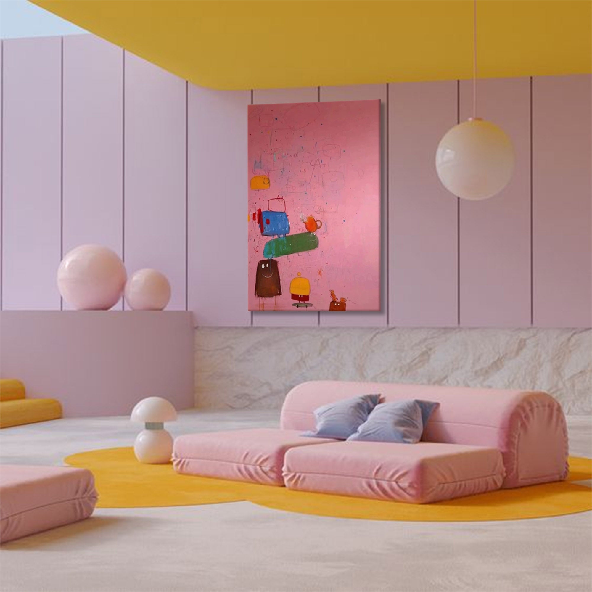 Playful Stacked Characters Pink Abstract Canvas Art