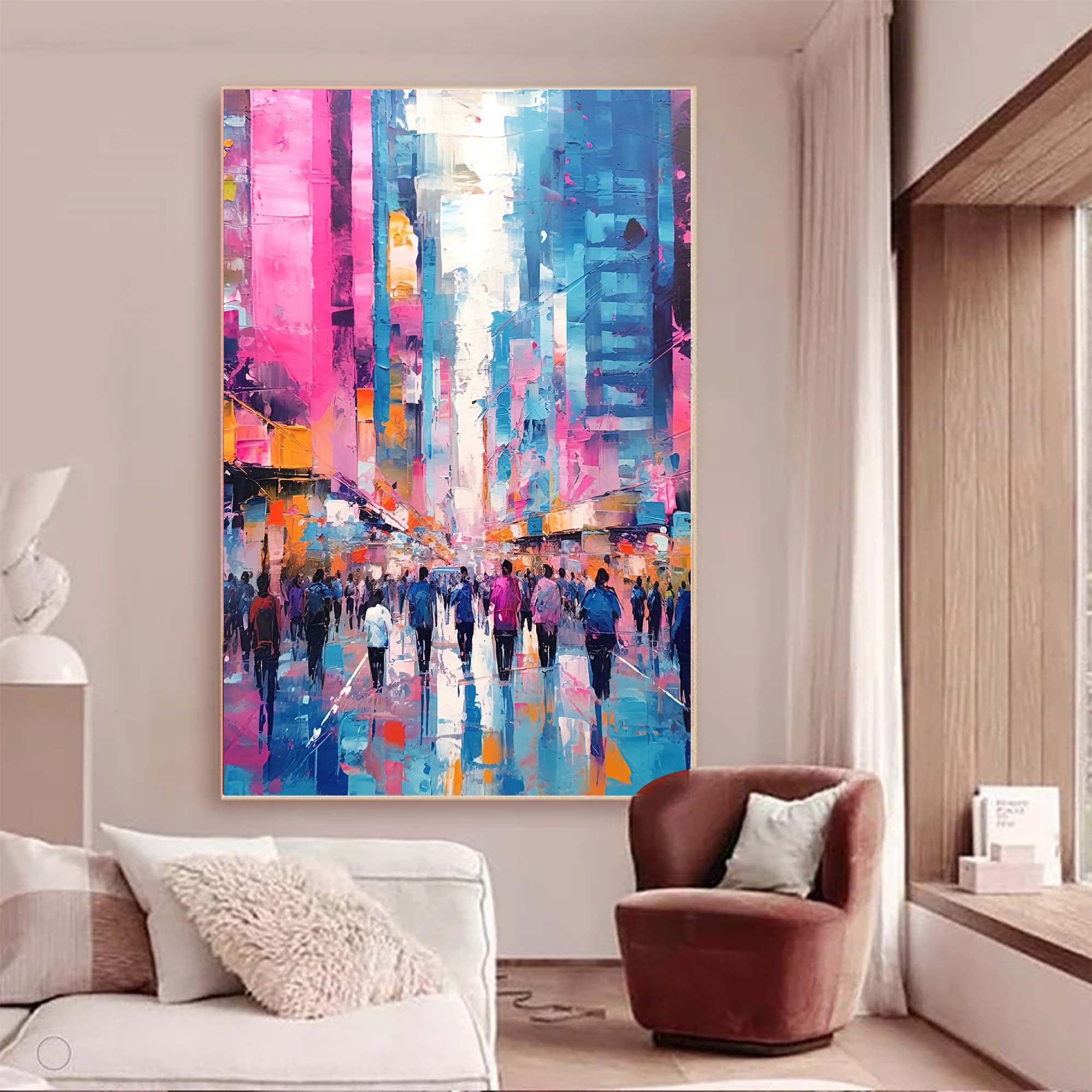 Vibrant Urban Crowd Abstract Oil Painting