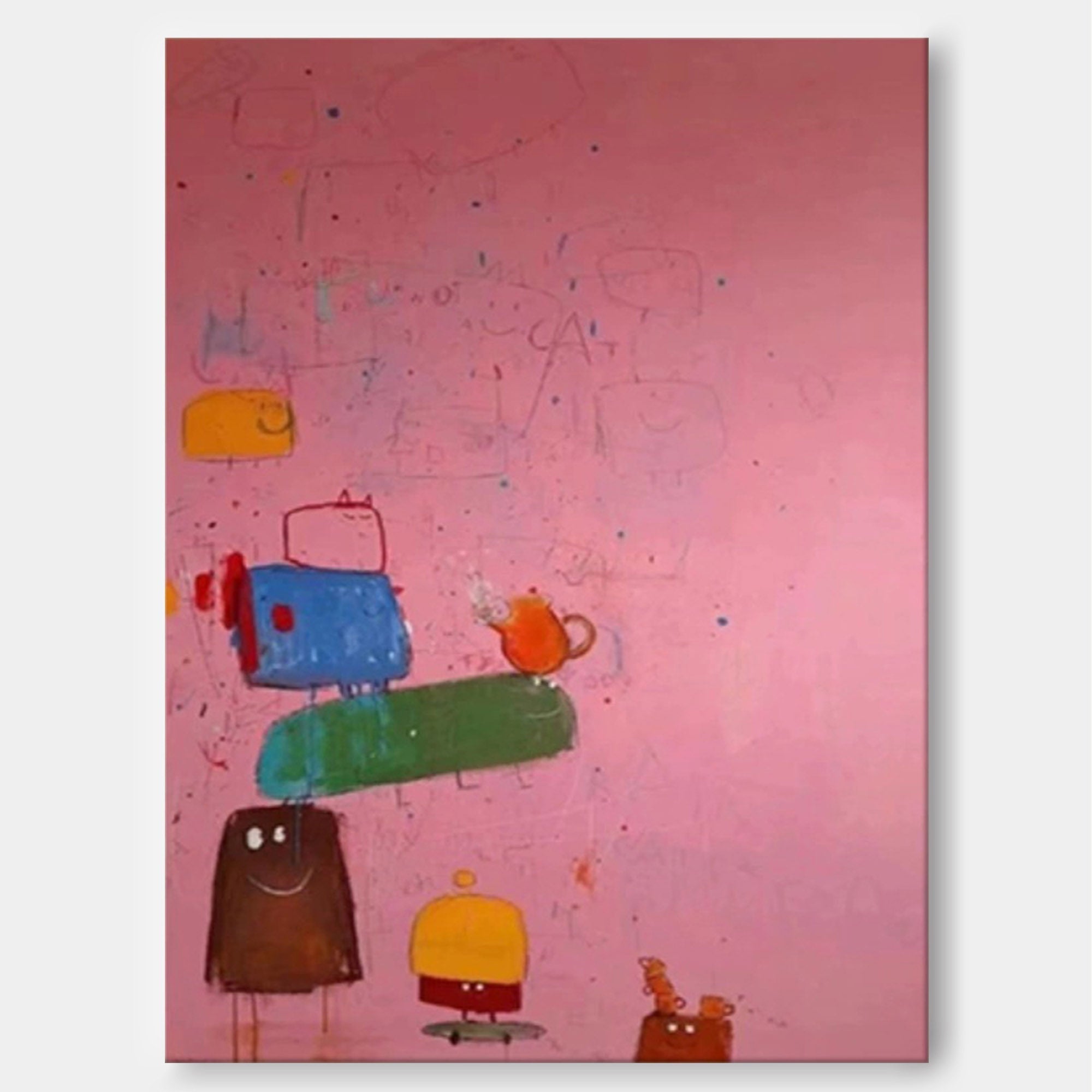 Playful Stacked Characters Pink Abstract Canvas Art