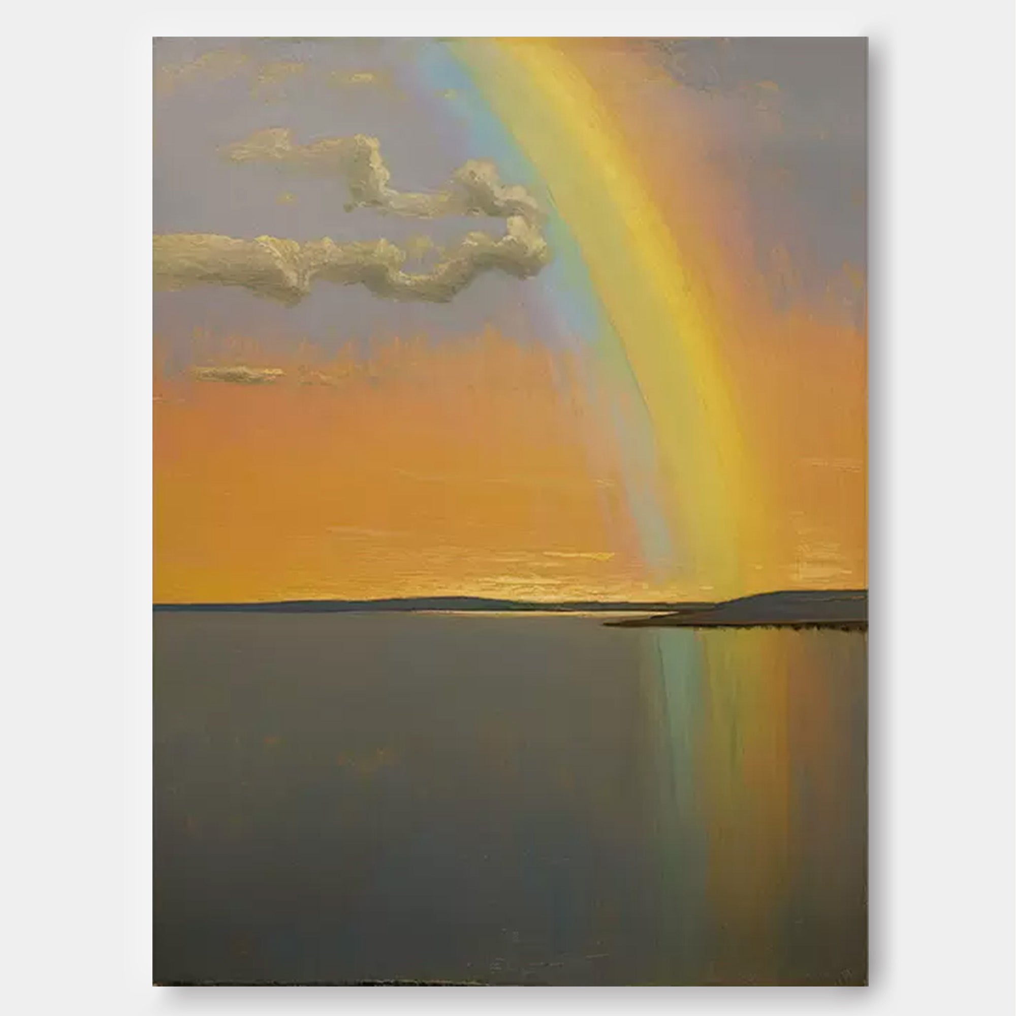 Sunset Rainbow over Tranquil Waters – Serene Landscape Painting