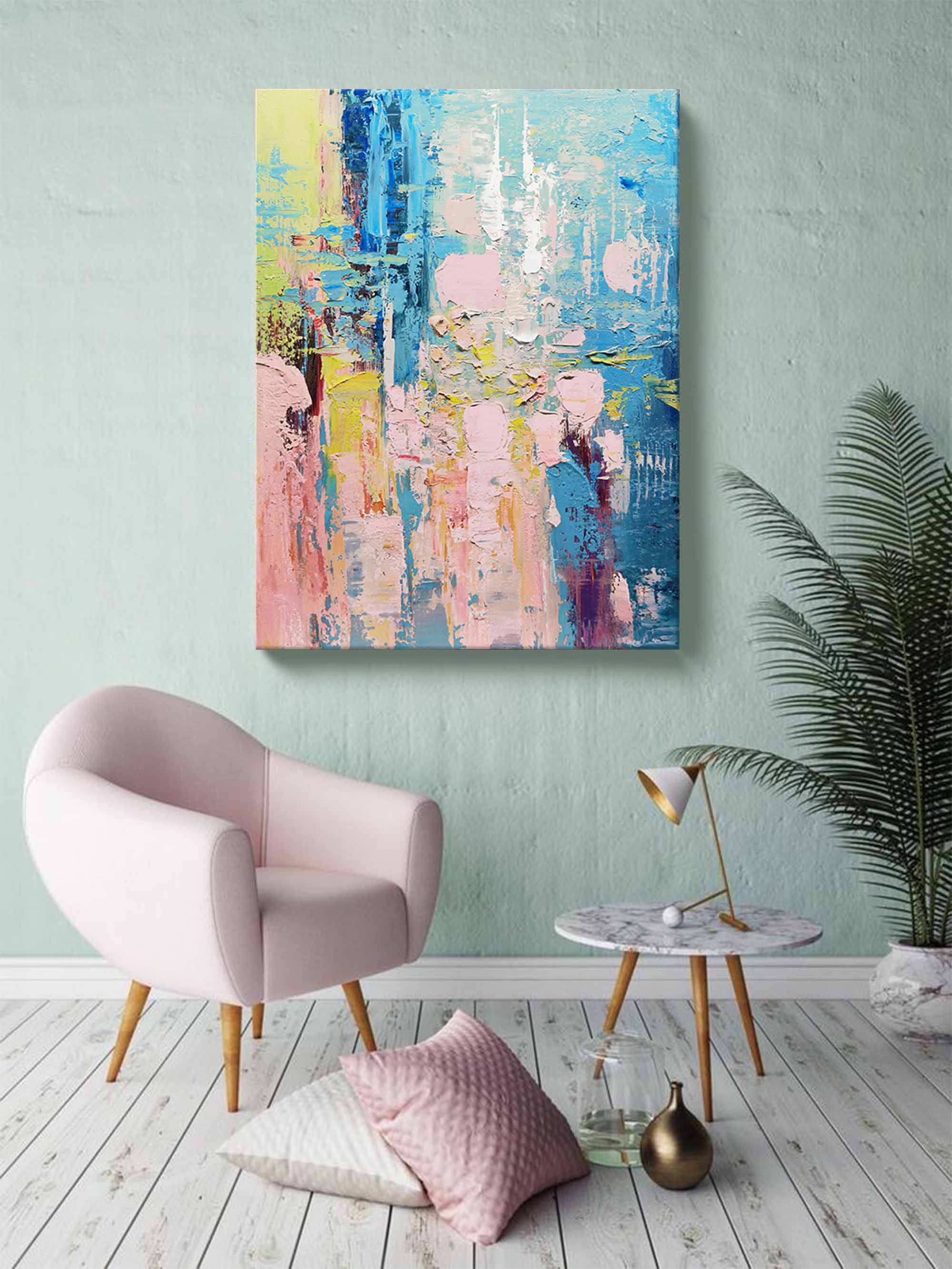 Serene Blue and Pink Abstract Textured Canvas Art