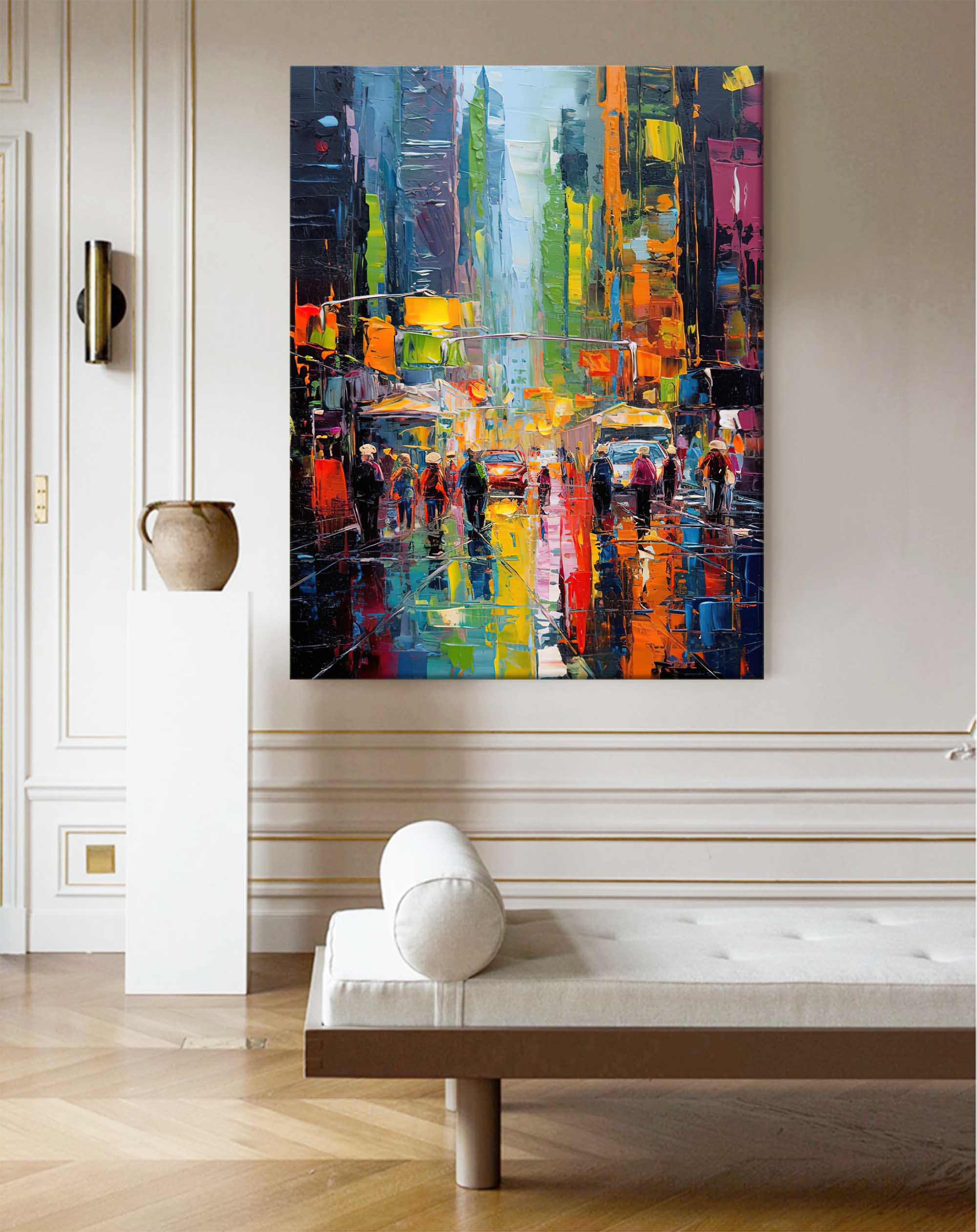 Rainy City Night Lights Oil Painting