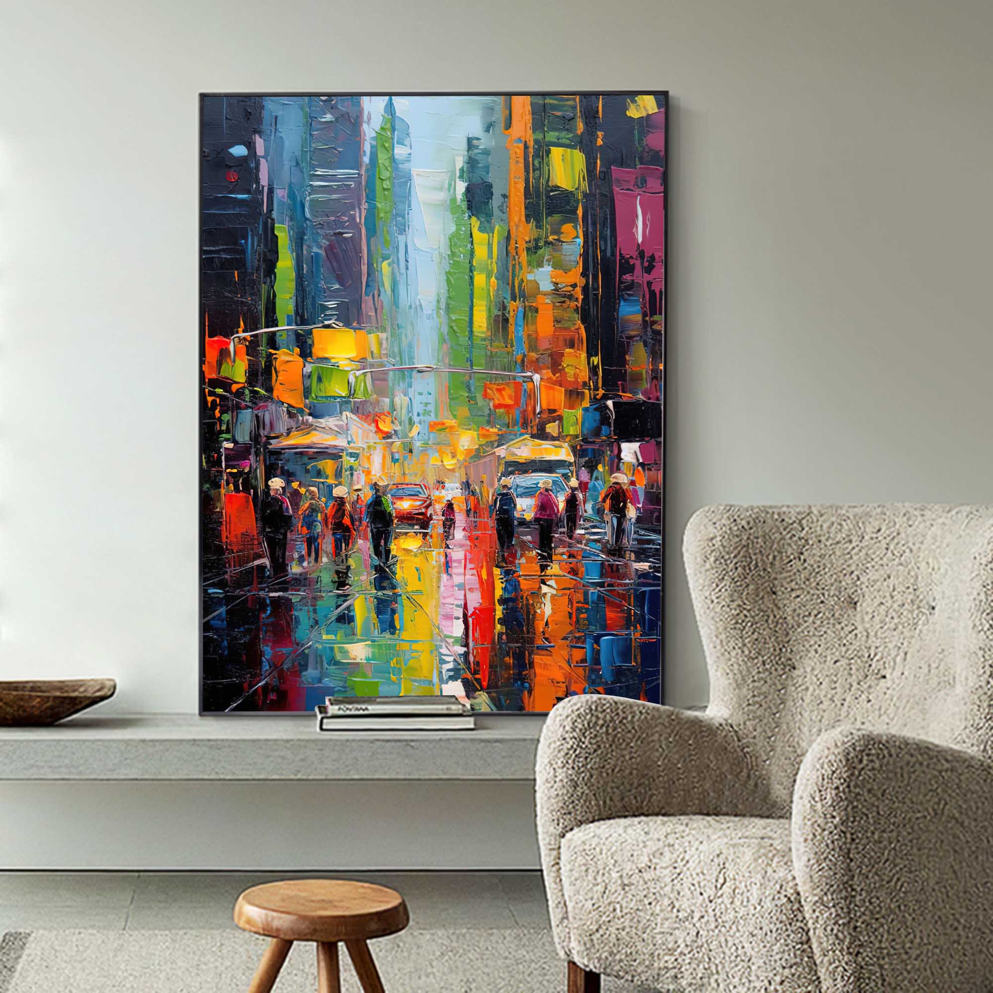 Rainy City Night Lights Oil Painting