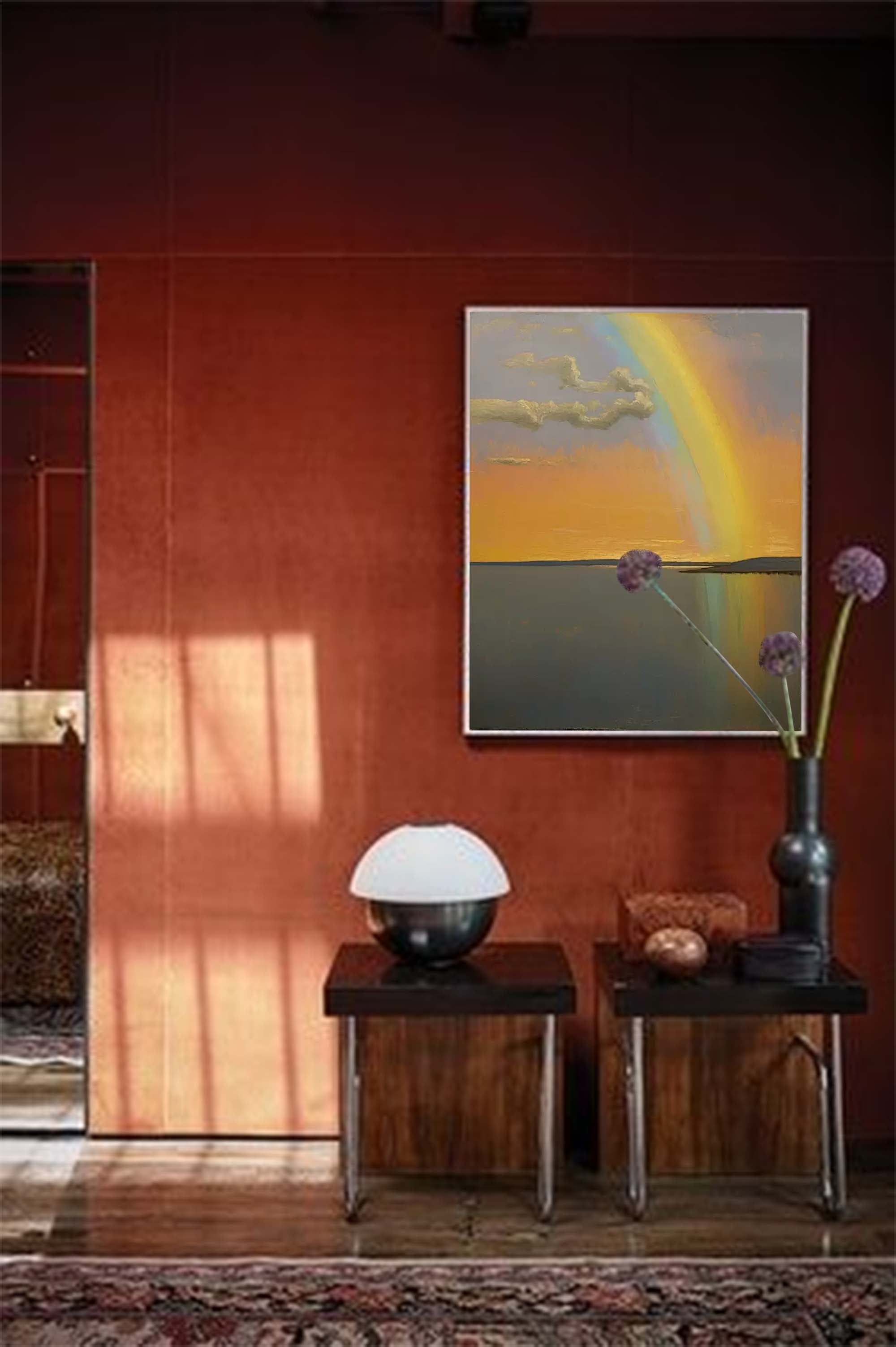 Sunset Rainbow over Tranquil Waters – Serene Landscape Painting