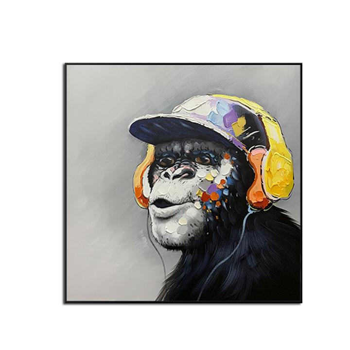 Monkey wearing headphones oil painting modern pop art style