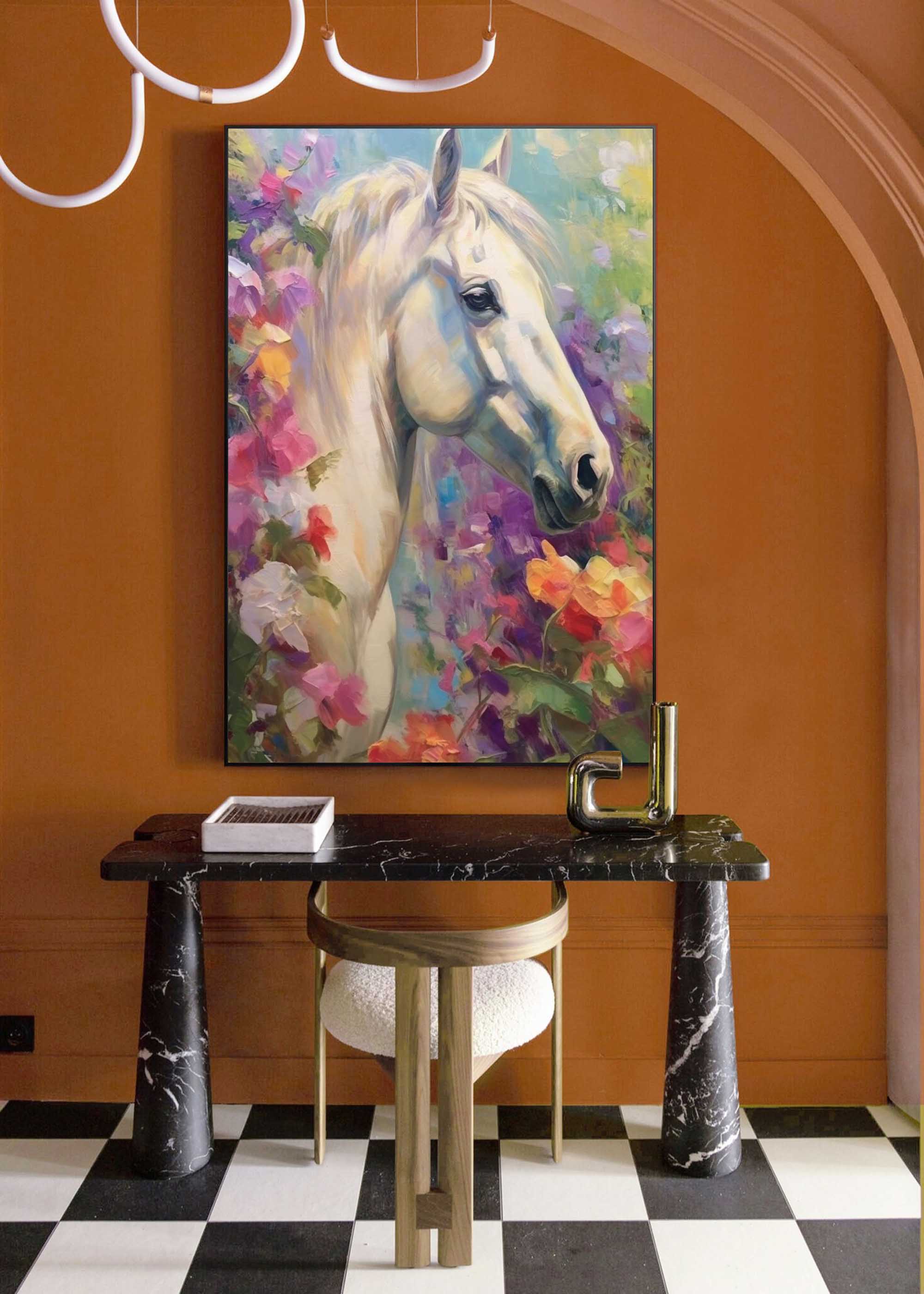 Graceful White Horse in Floral Harmony