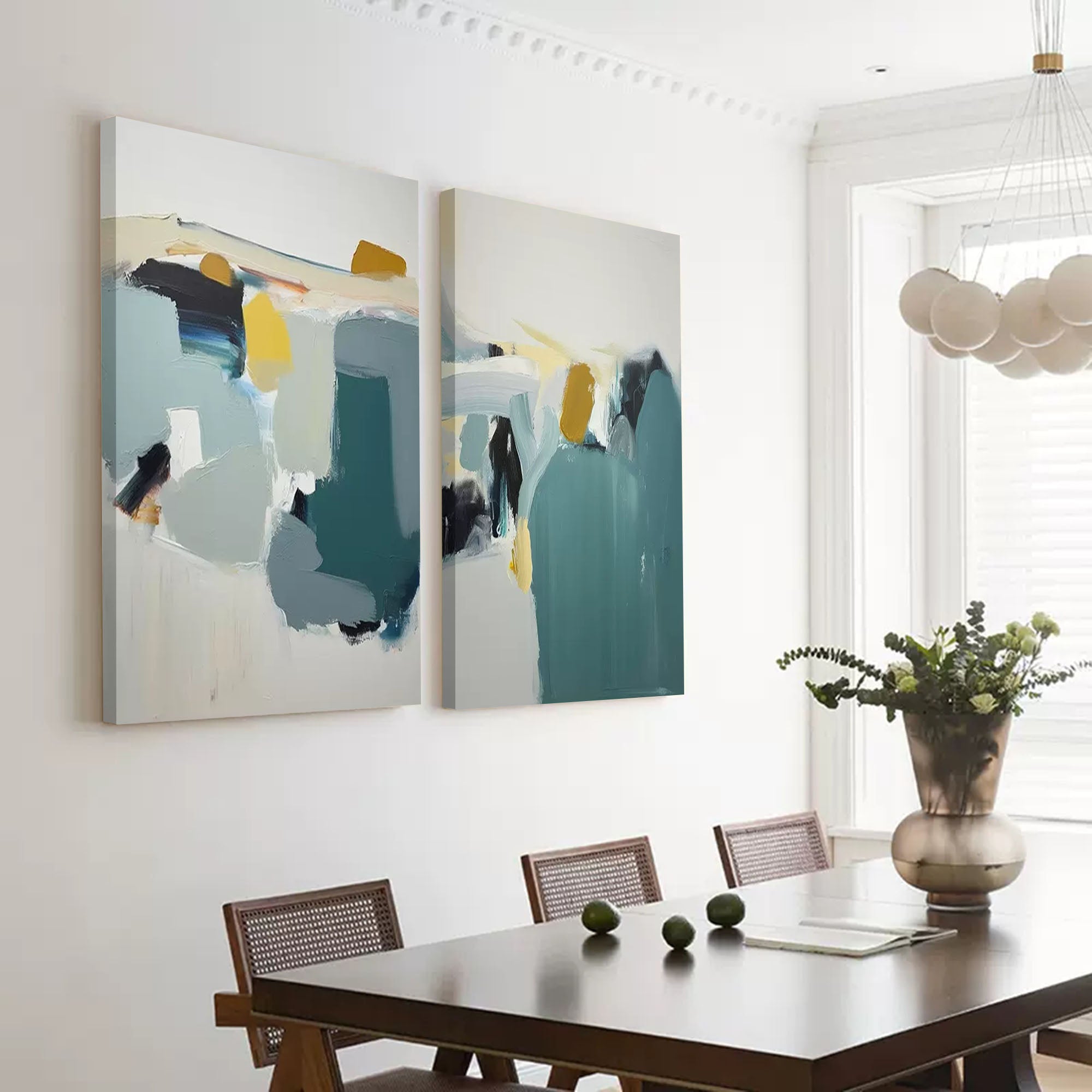 Abstract Diptych in Teal and Gold